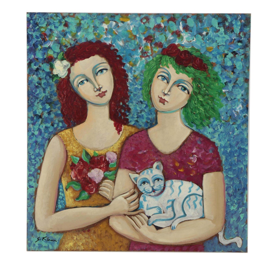 Sarah Kinan Oil Painting of Women with Cat