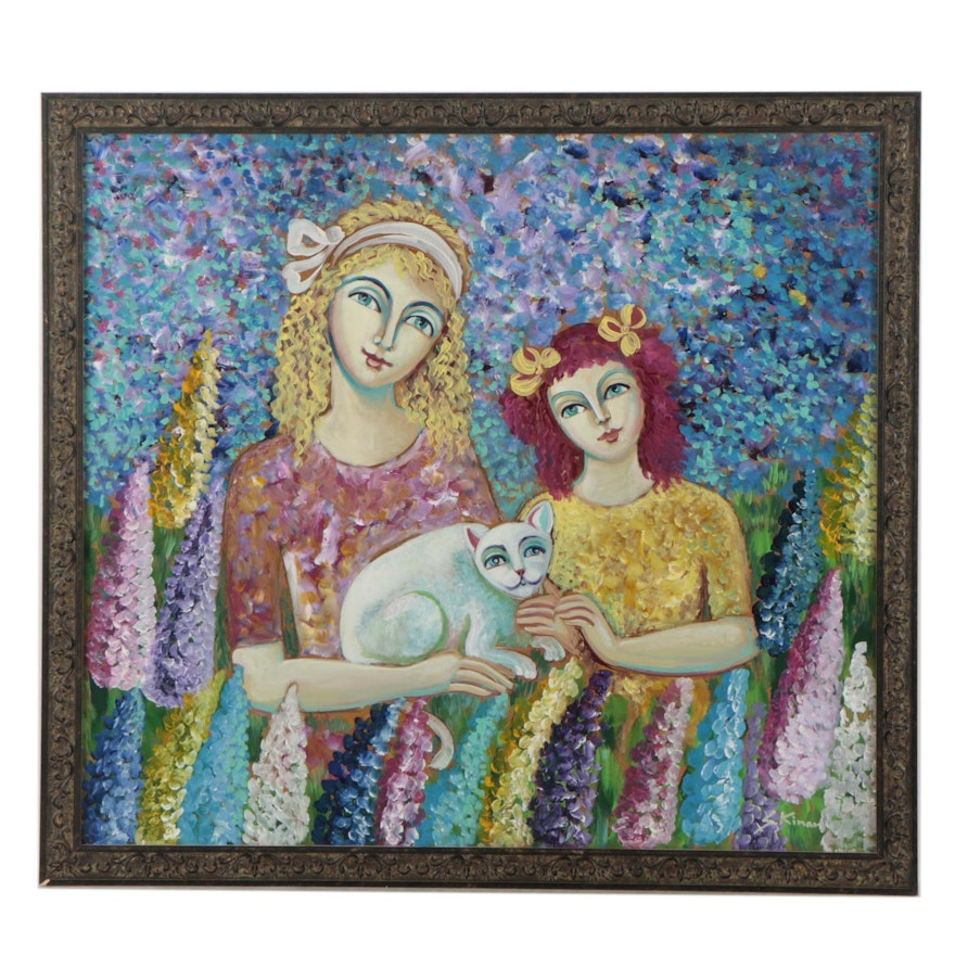 Sarah Kinan Oil Painting of Women with Cat