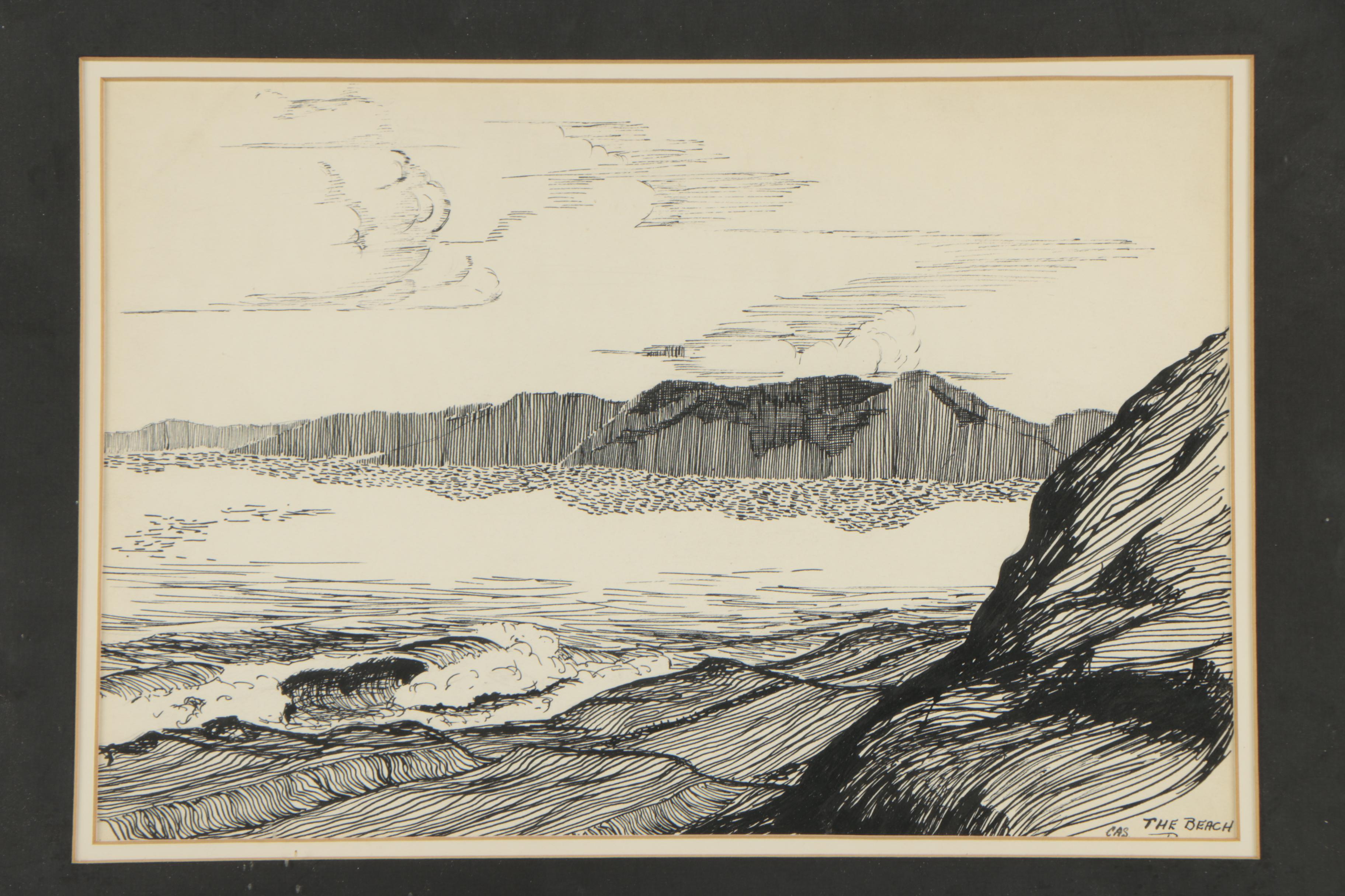 C.A.S. Late 20th Century Ink Drawing "The Beach"