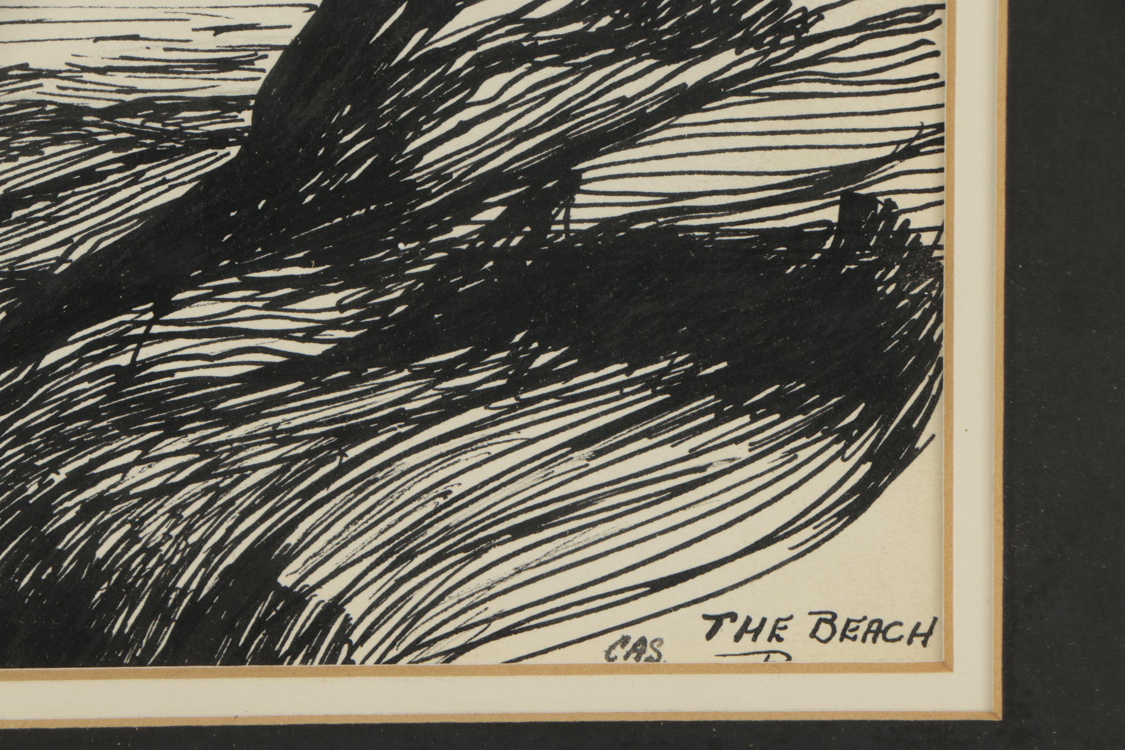 C.A.S. Late 20th Century Ink Drawing "The Beach"