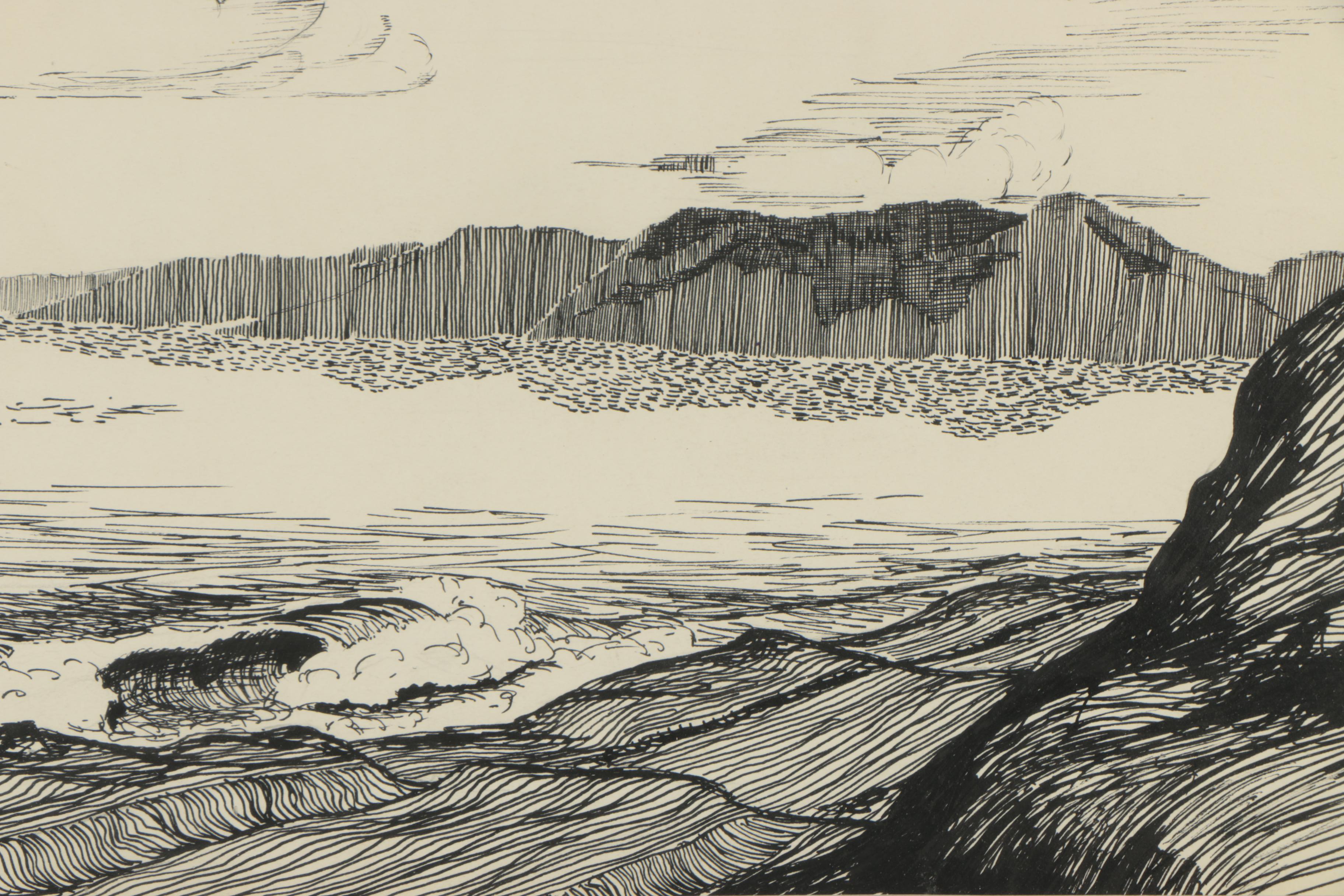 C.A.S. Late 20th Century Ink Drawing "The Beach"