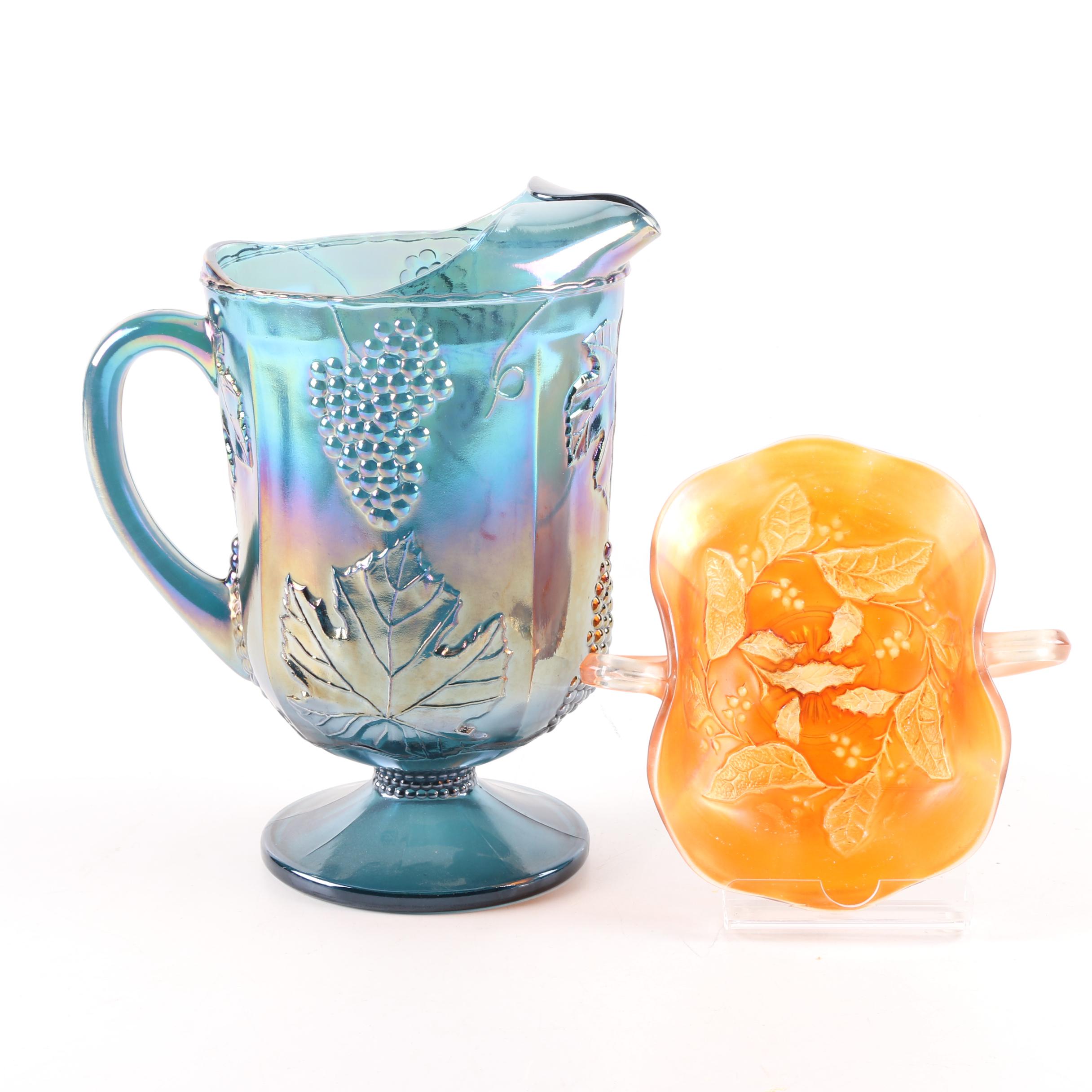 Colony "Harvest Grape" Blue Carnival Pitcher and Marigold Two Handled Dish