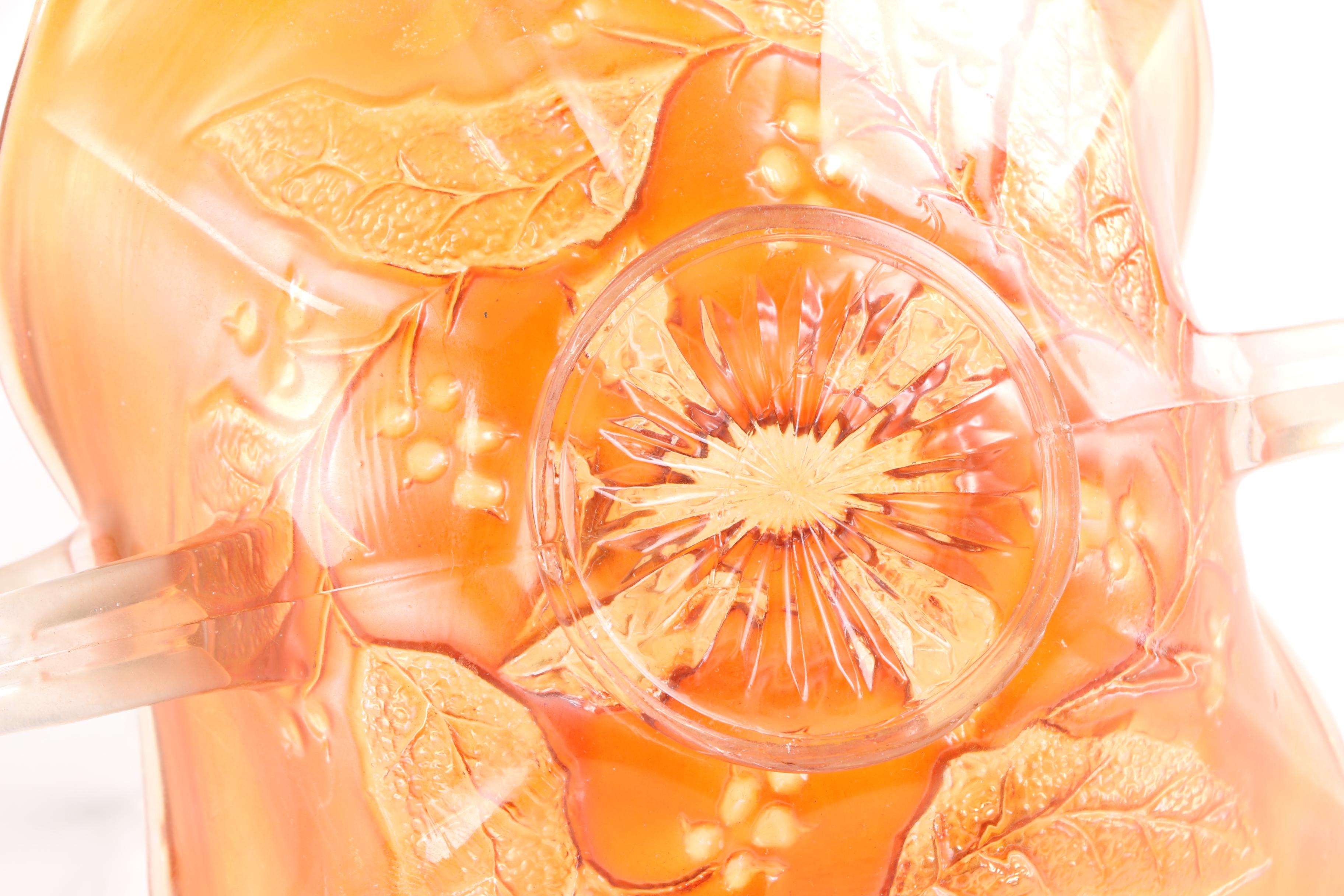 Colony "Harvest Grape" Blue Carnival Pitcher and Marigold Two Handled Dish