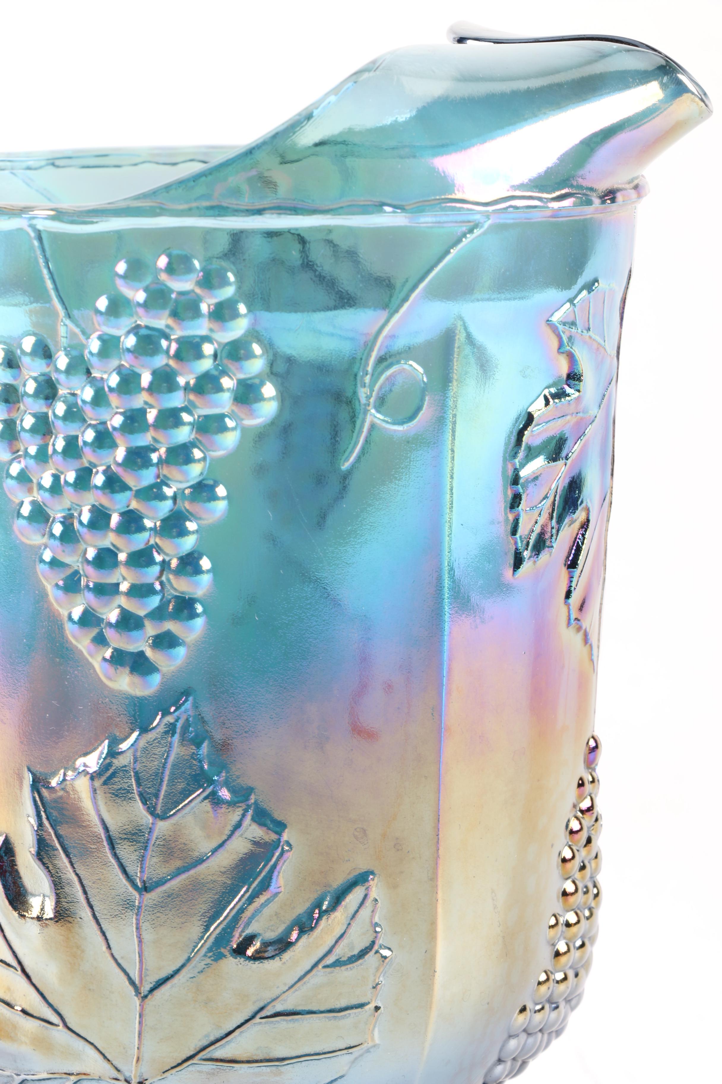 Colony "Harvest Grape" Blue Carnival Pitcher and Marigold Two Handled Dish