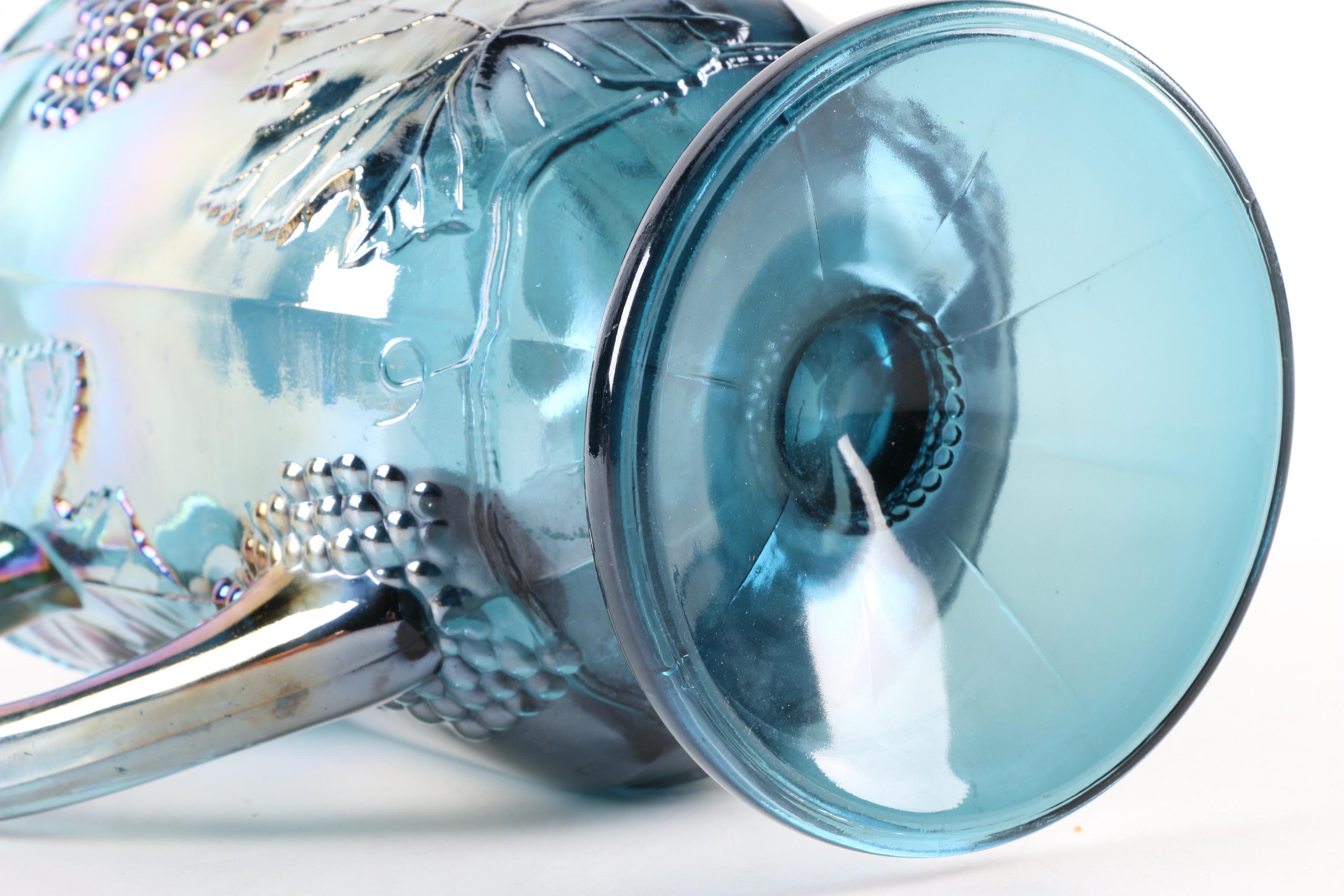 Colony "Harvest Grape" Blue Carnival Pitcher and Marigold Two Handled Dish