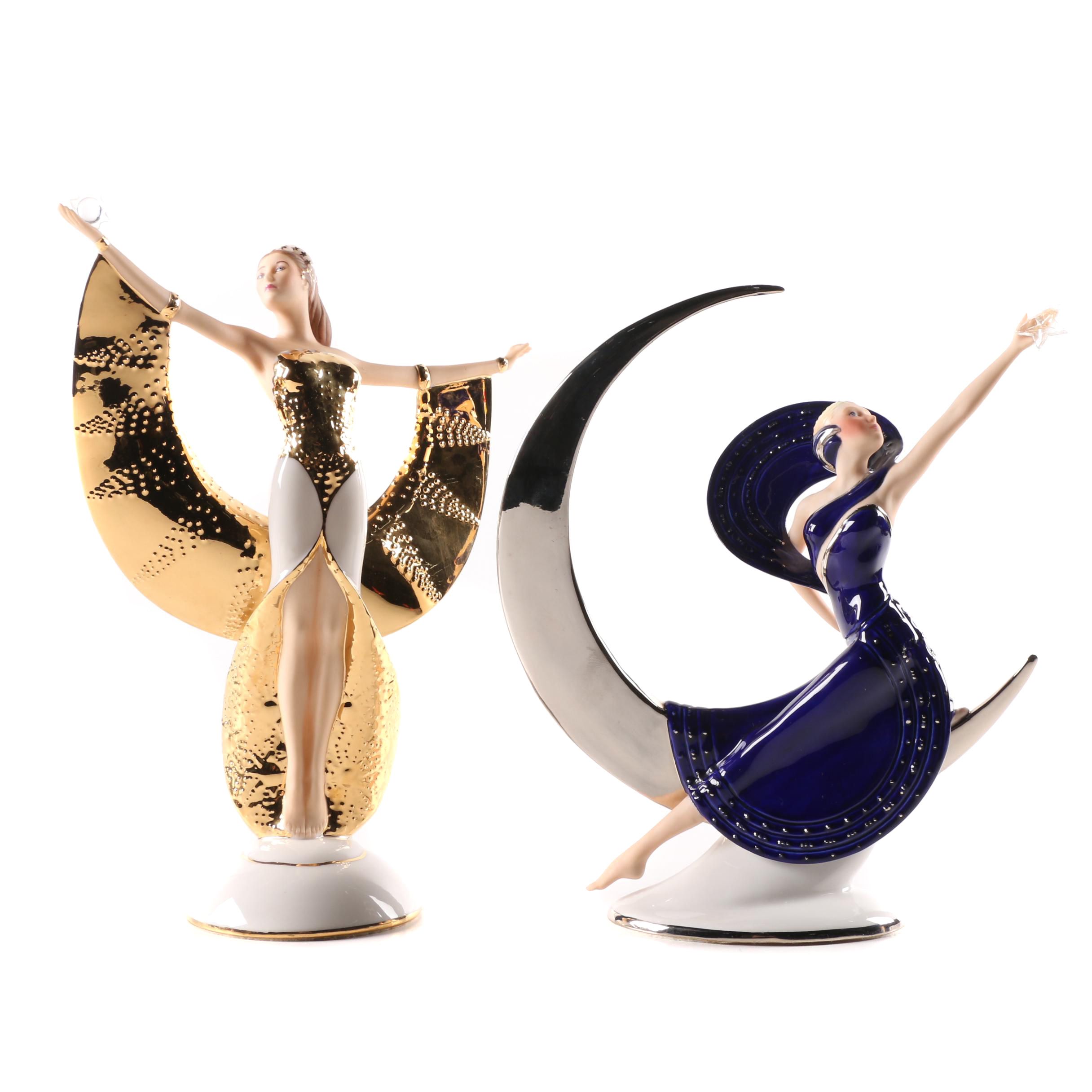 Franklin Mint "Moonlight in Platinum" and "Sunrise in Gold" Porcelain Figurines