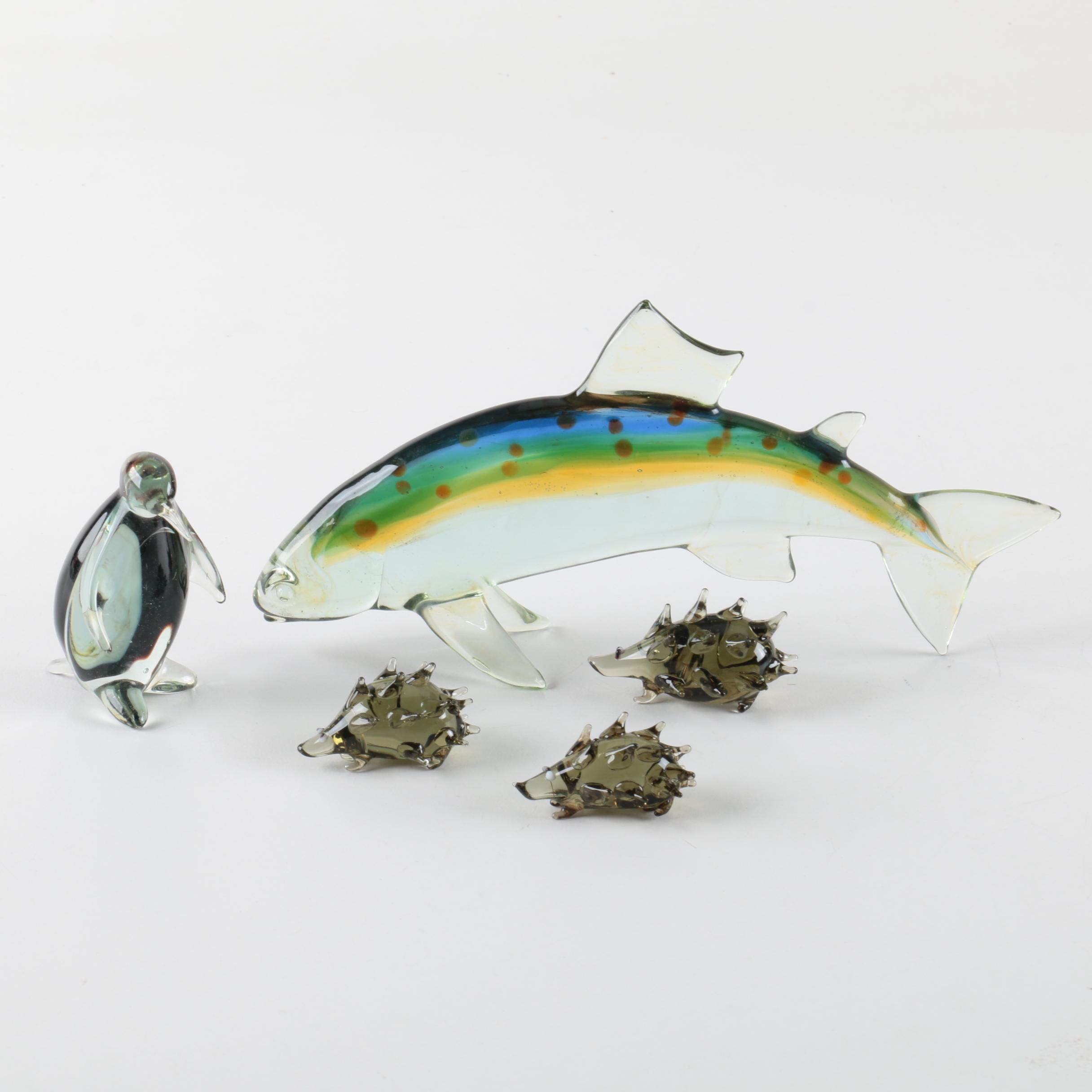 Blown Glass Figurines Including Fish, Hedgehogs and Penguin