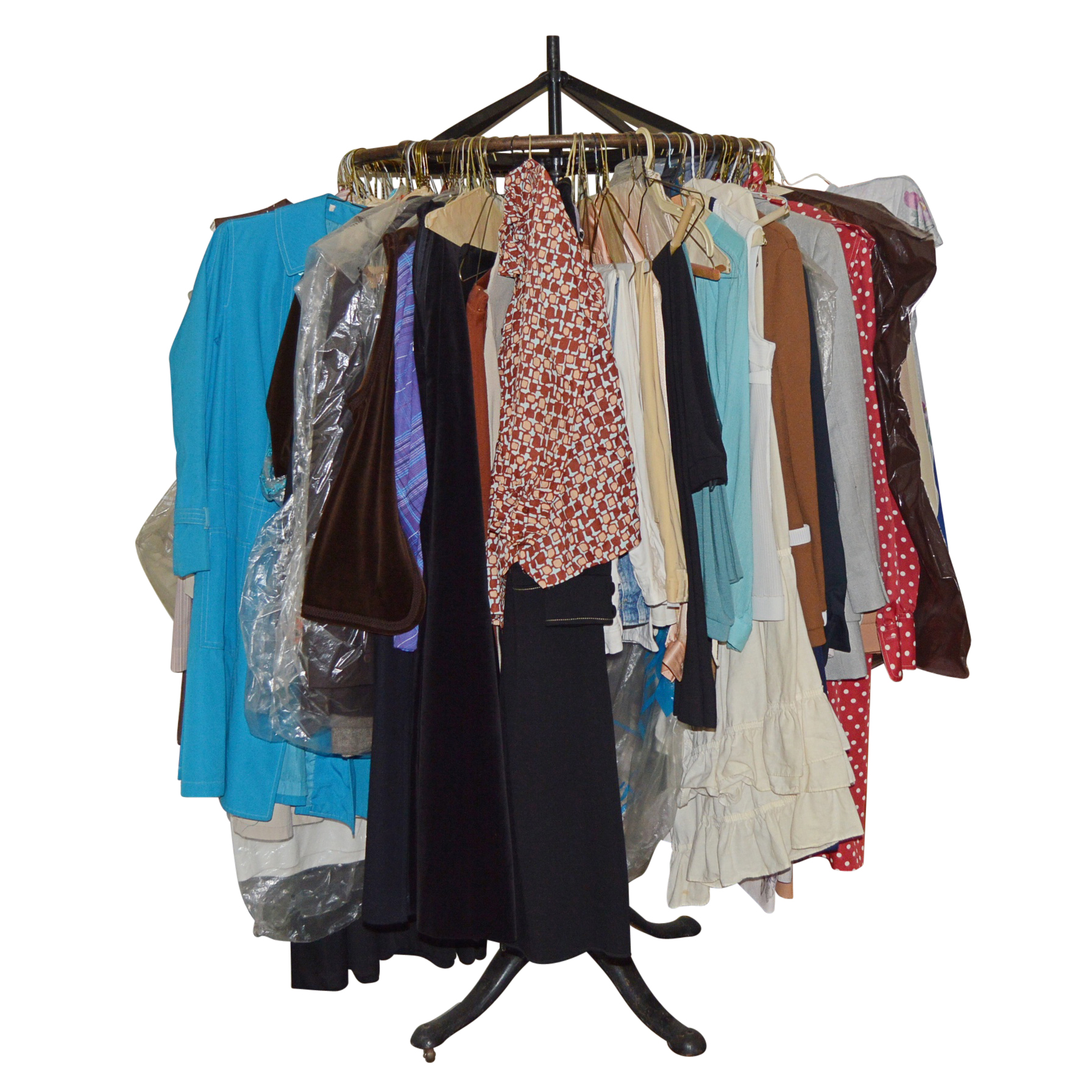 Vintage Iron Revolving Clothing Rack with Vintage Clothes Collection