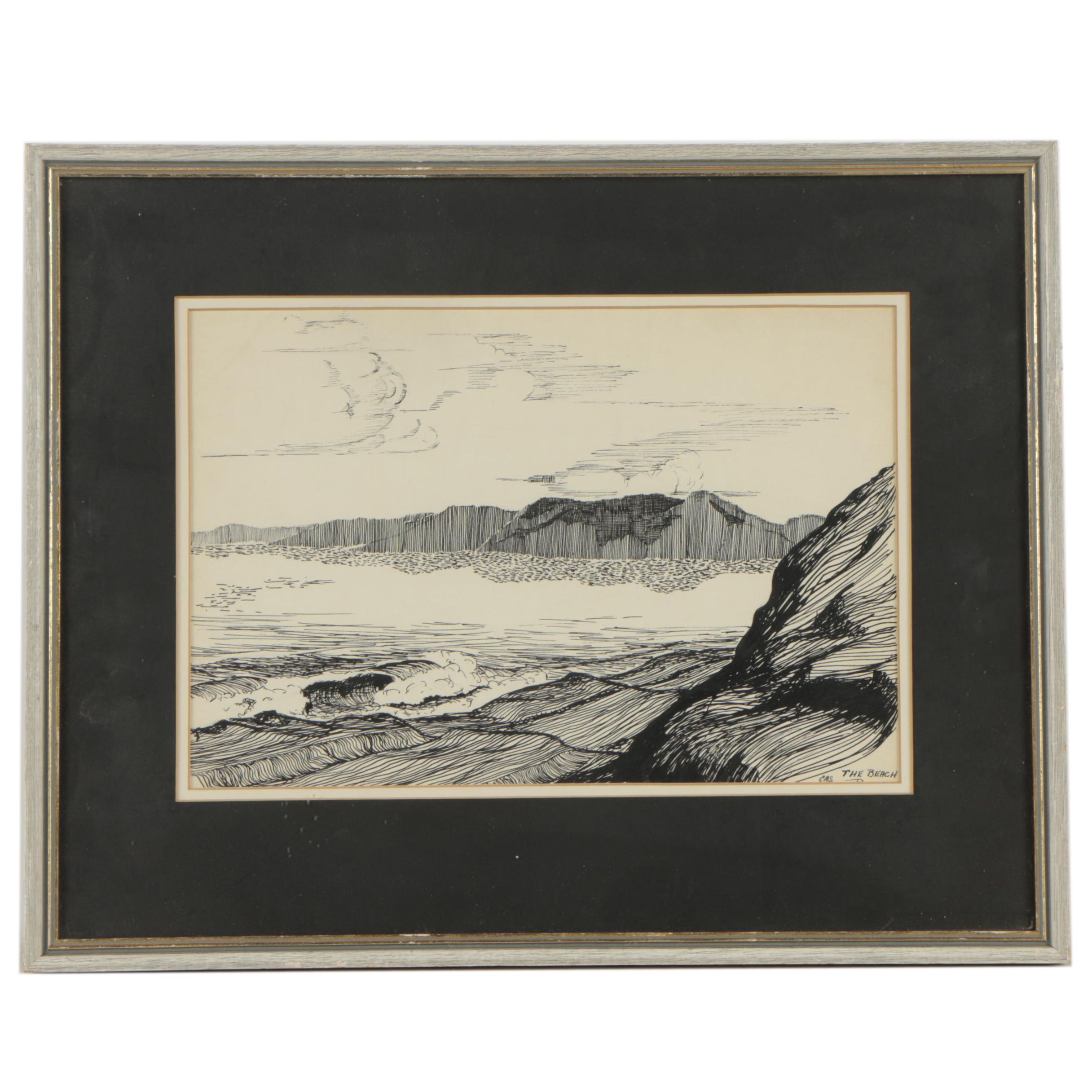 C.A.S. Late 20th Century Ink Drawing "The Beach"