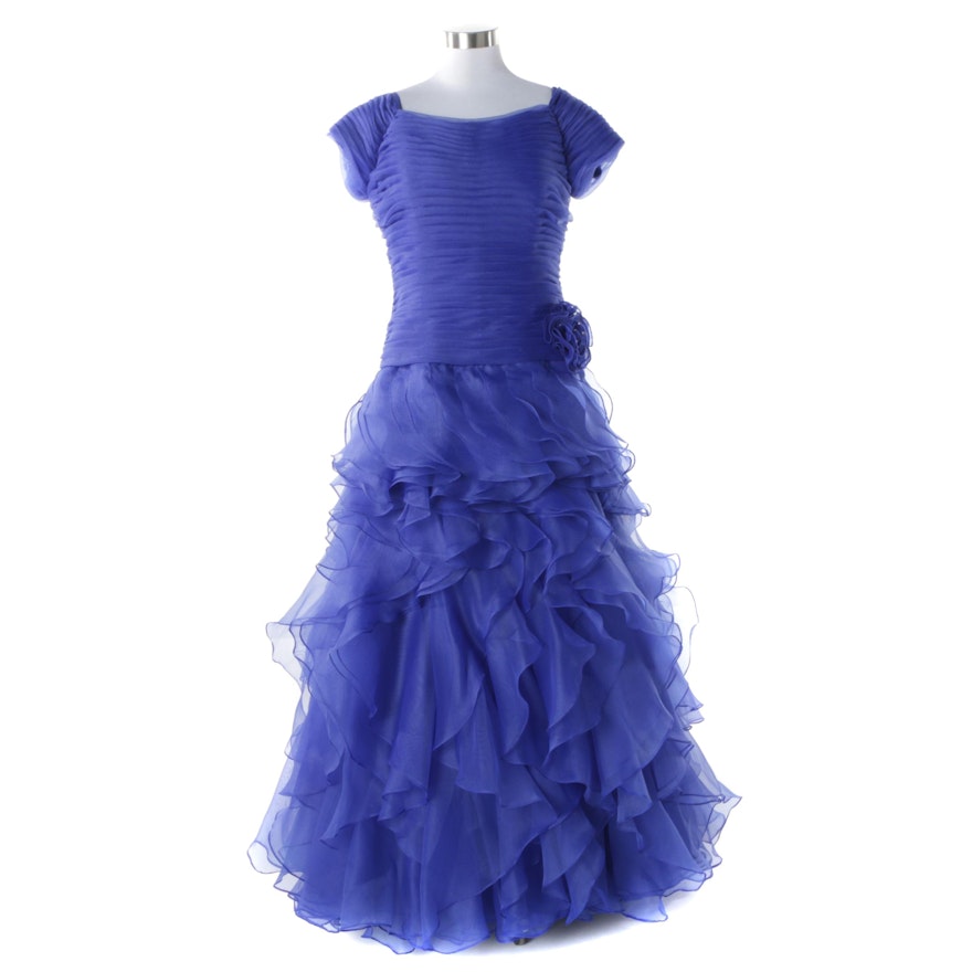 Jovani Blue Polyester Chiffon Formal Dress with Flower and Ruffled Skirt