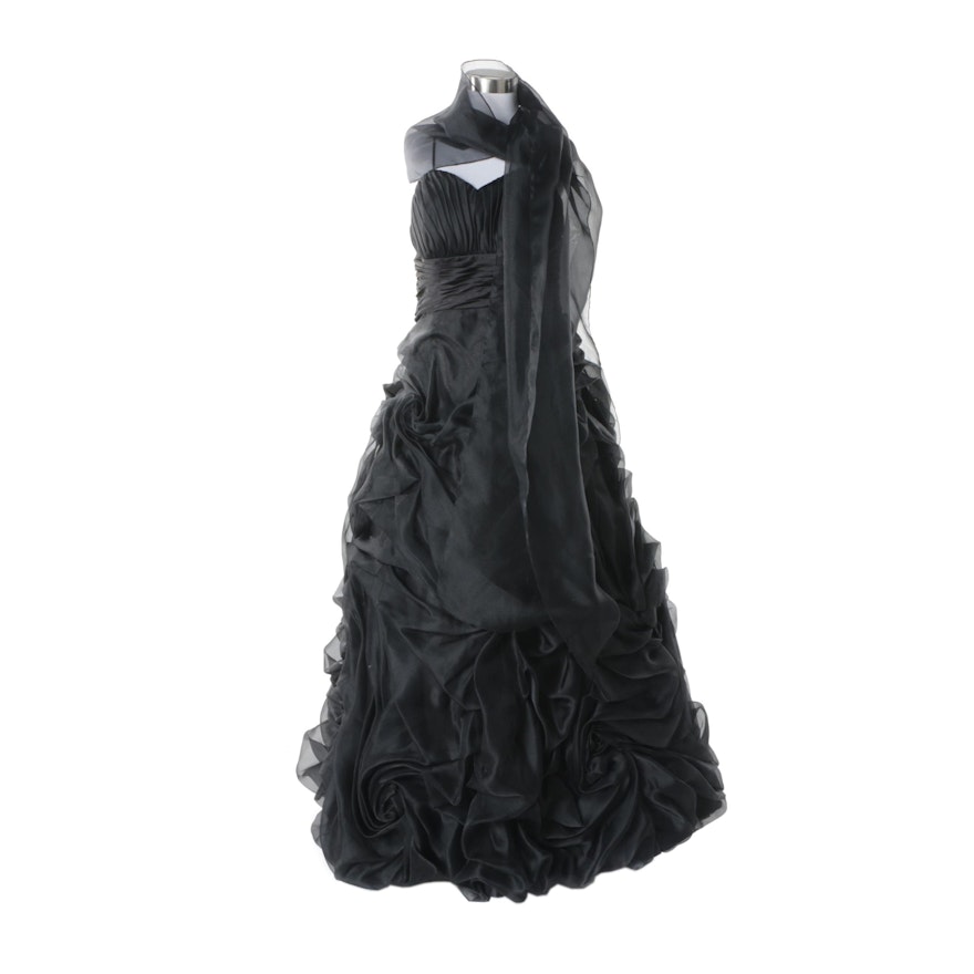 Jovan Black Satin Sleeveless Formal Gown and Shoulder Wrap