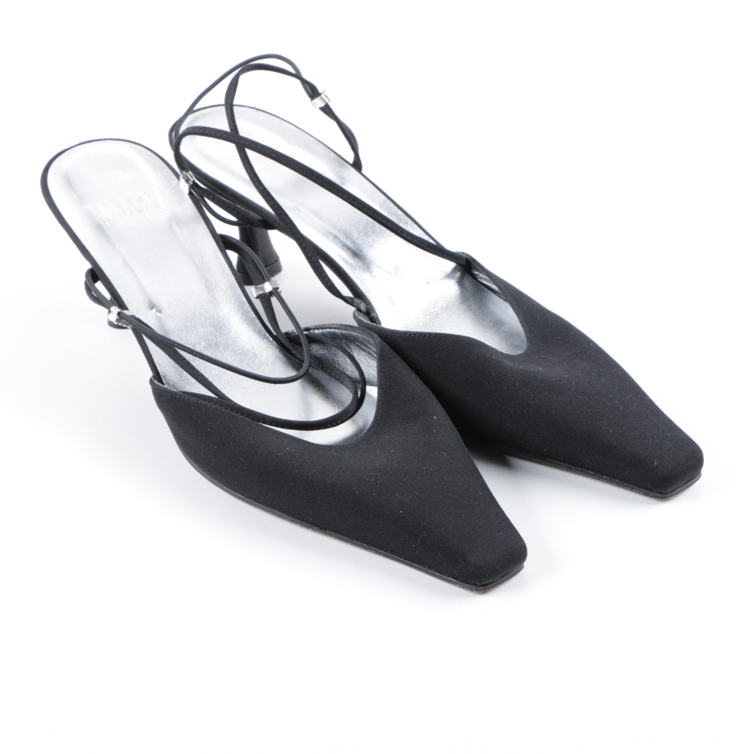 Stuart Weitzman Black Satin and Rhinestone Low Heeled Dress Sandals