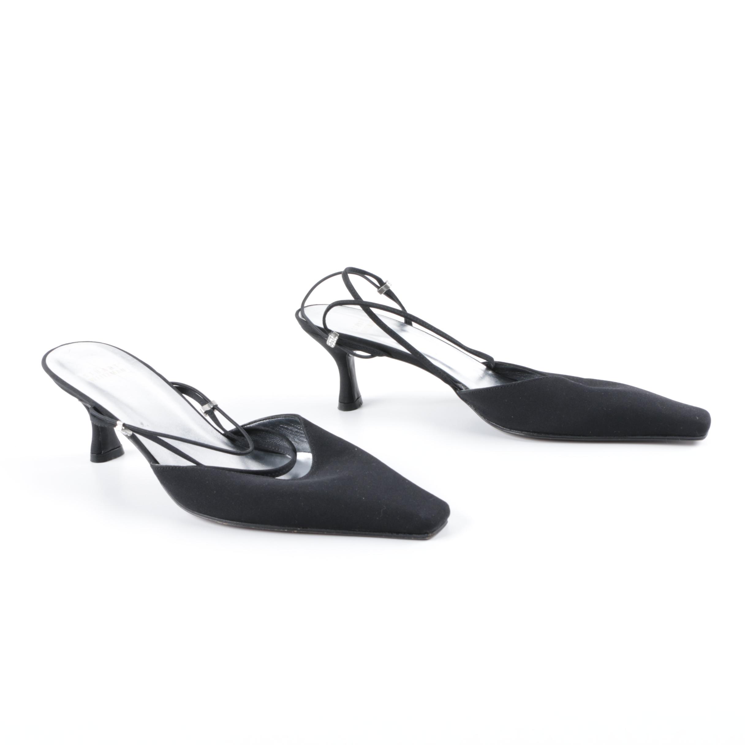 Stuart Weitzman Black Satin and Rhinestone Low Heeled Dress Sandals