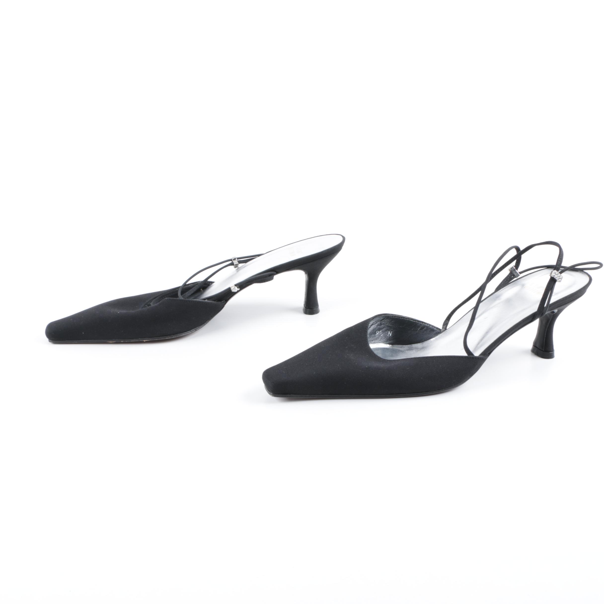 Stuart Weitzman Black Satin and Rhinestone Low Heeled Dress Sandals
