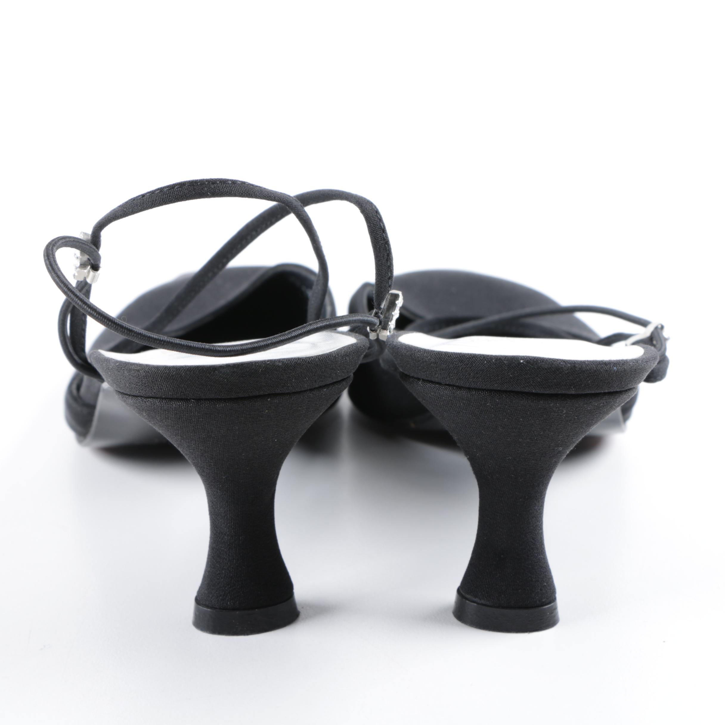 Stuart Weitzman Black Satin and Rhinestone Low Heeled Dress Sandals