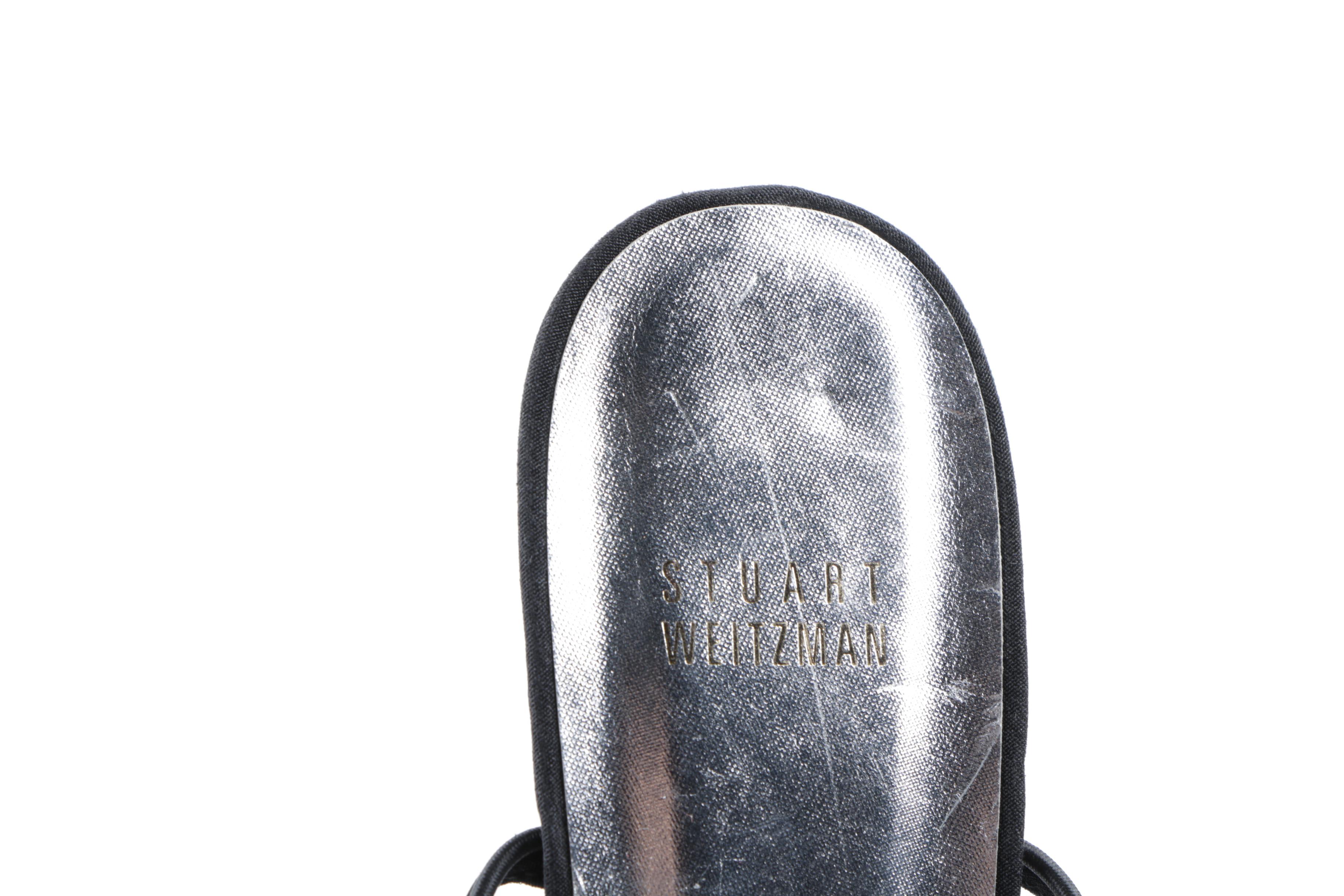 Stuart Weitzman Black Satin and Rhinestone Low Heeled Dress Sandals