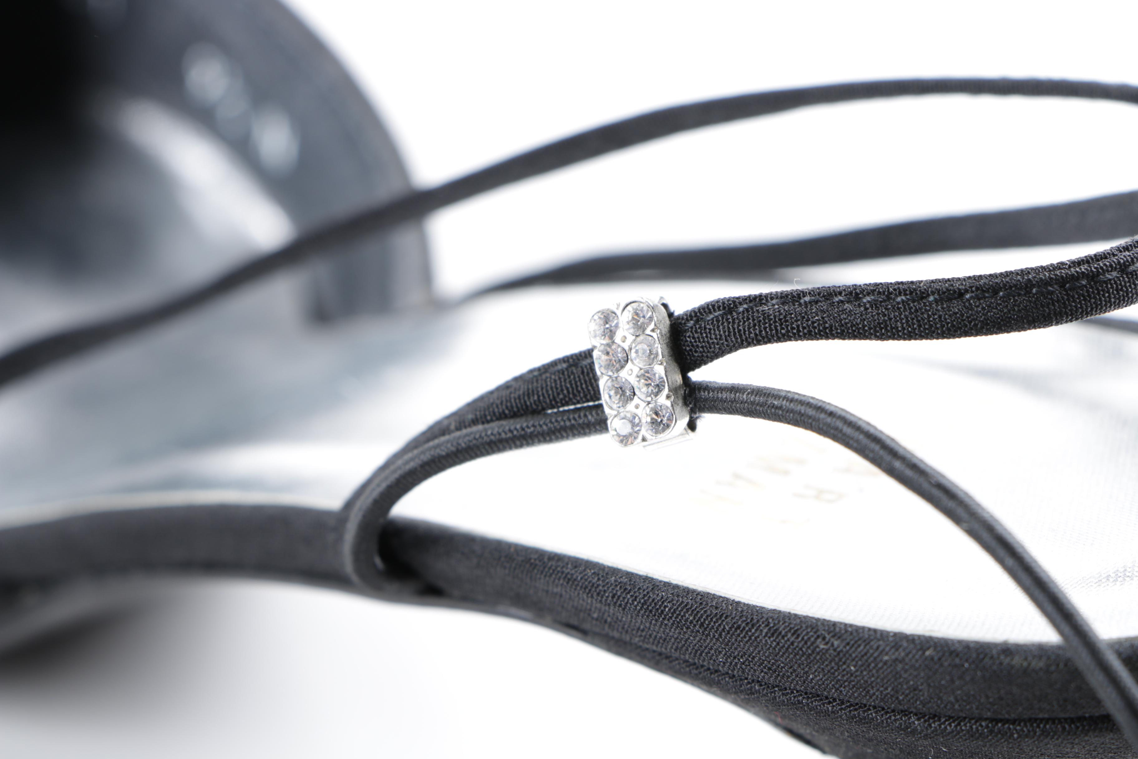 Stuart Weitzman Black Satin and Rhinestone Low Heeled Dress Sandals