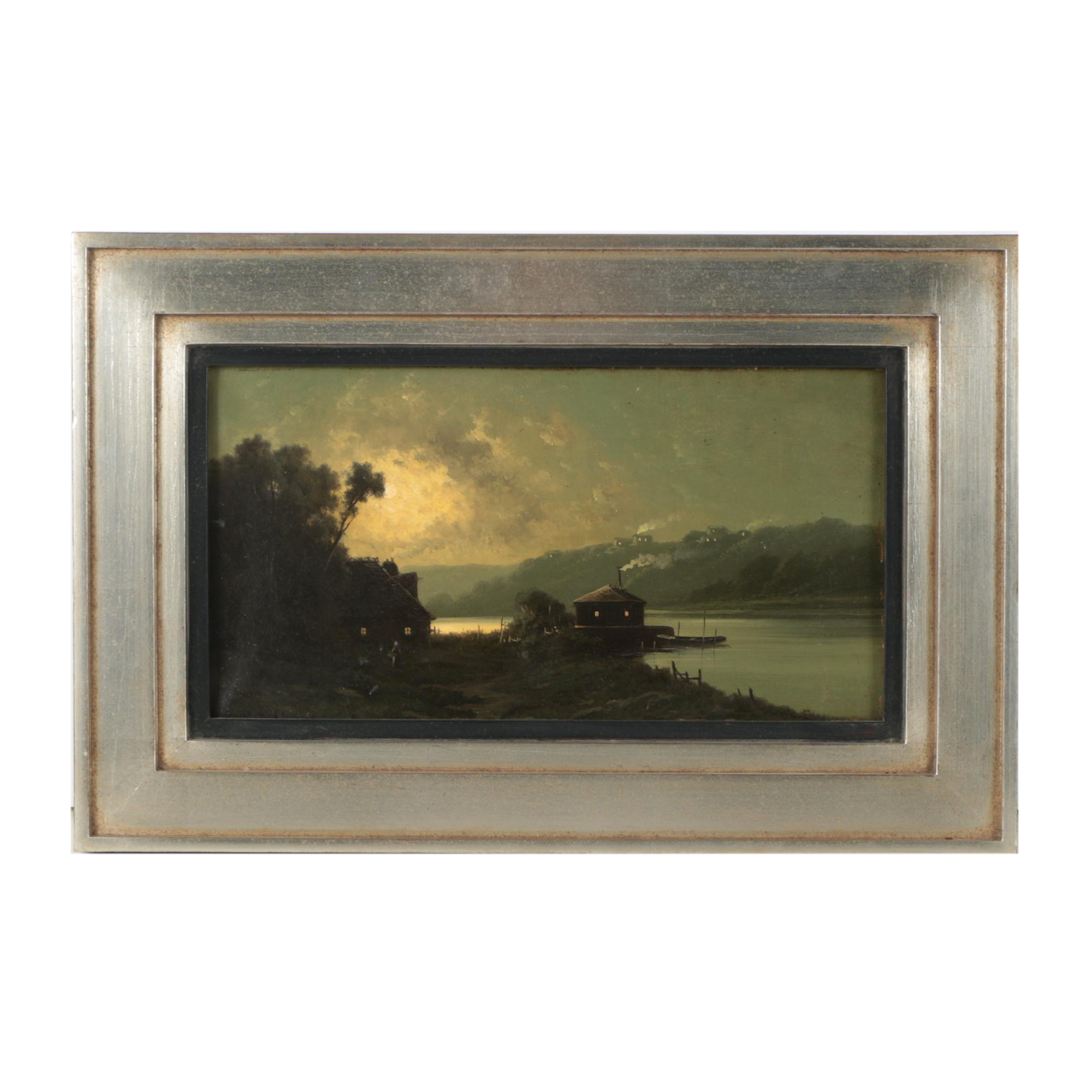 Robert Stuart Antique Oil Painting of Morning Lakeside Scene