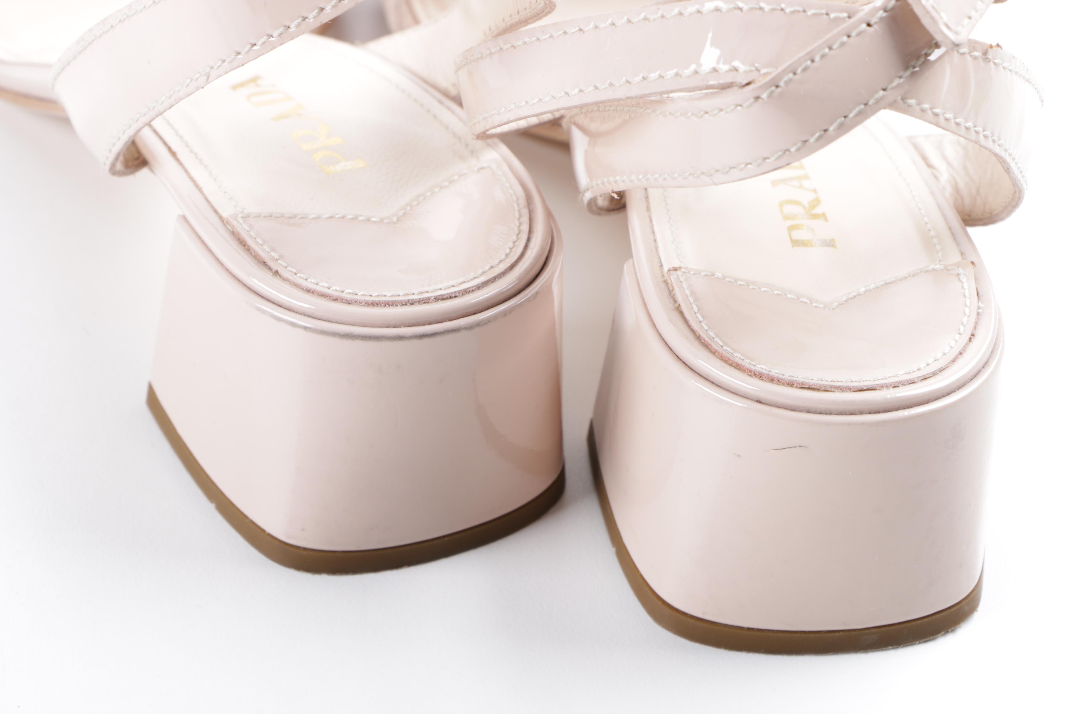 Prada Turn Lock Beige Patent Leather Sandals