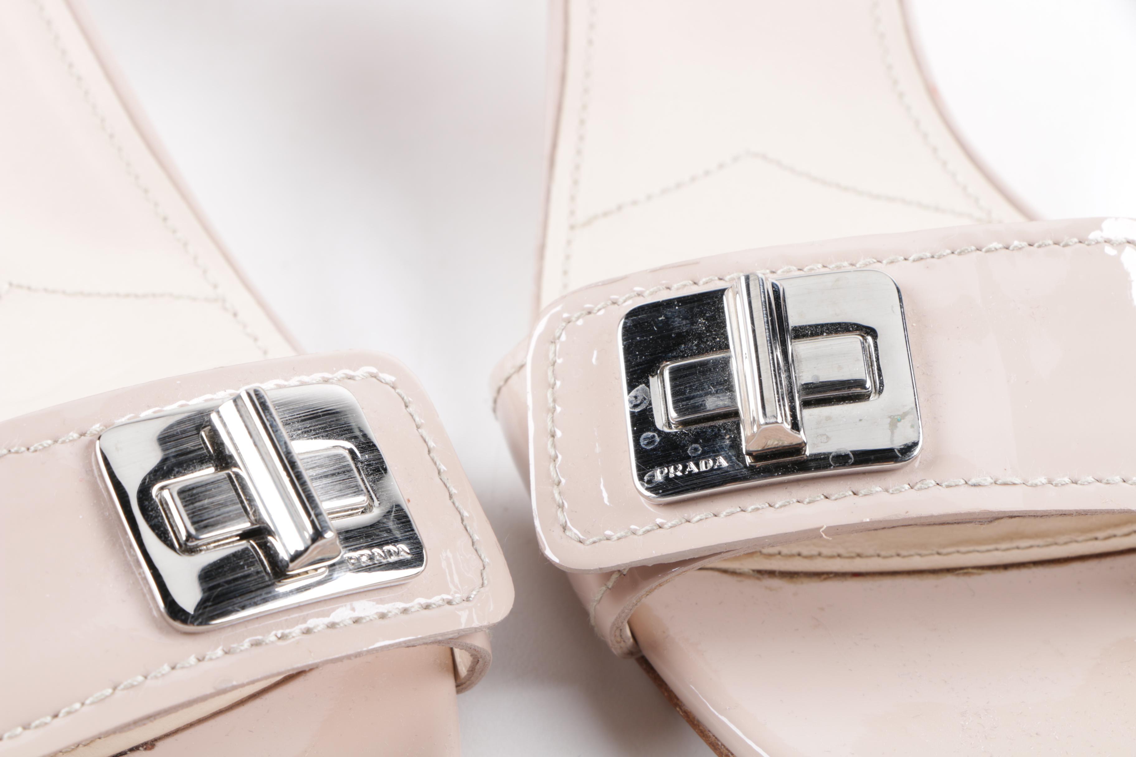 Prada Turn Lock Beige Patent Leather Sandals