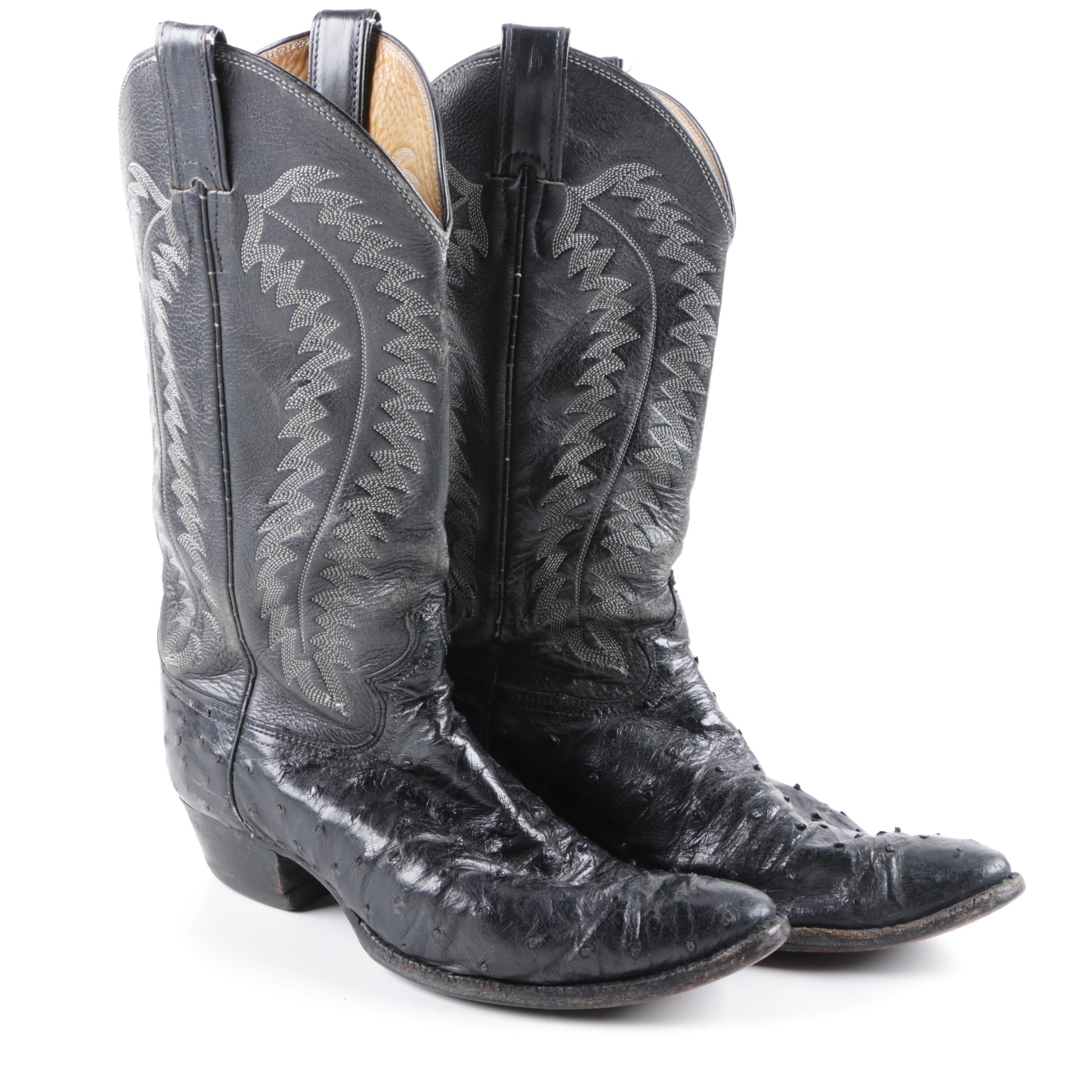 Justin Black Leather and Ostrich Skin Cowboy Boots