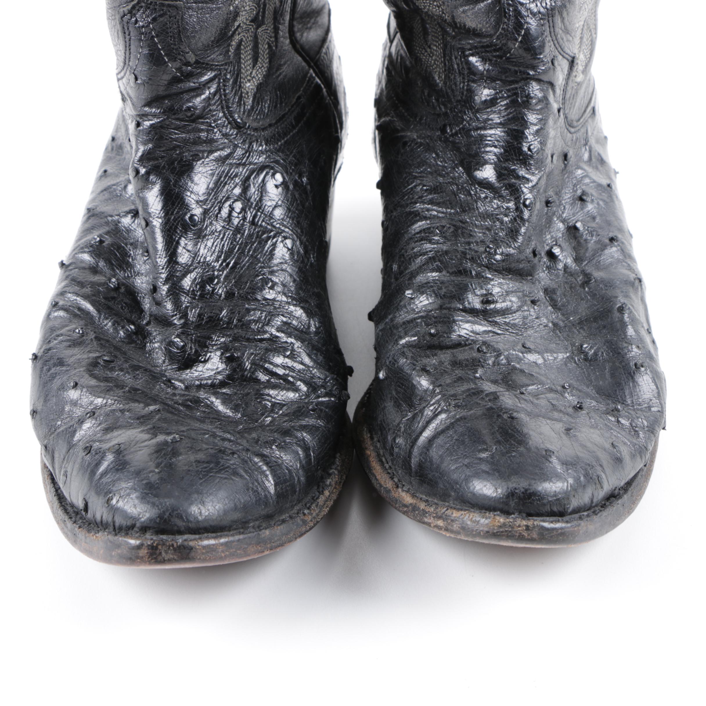 Justin Black Leather and Ostrich Skin Cowboy Boots