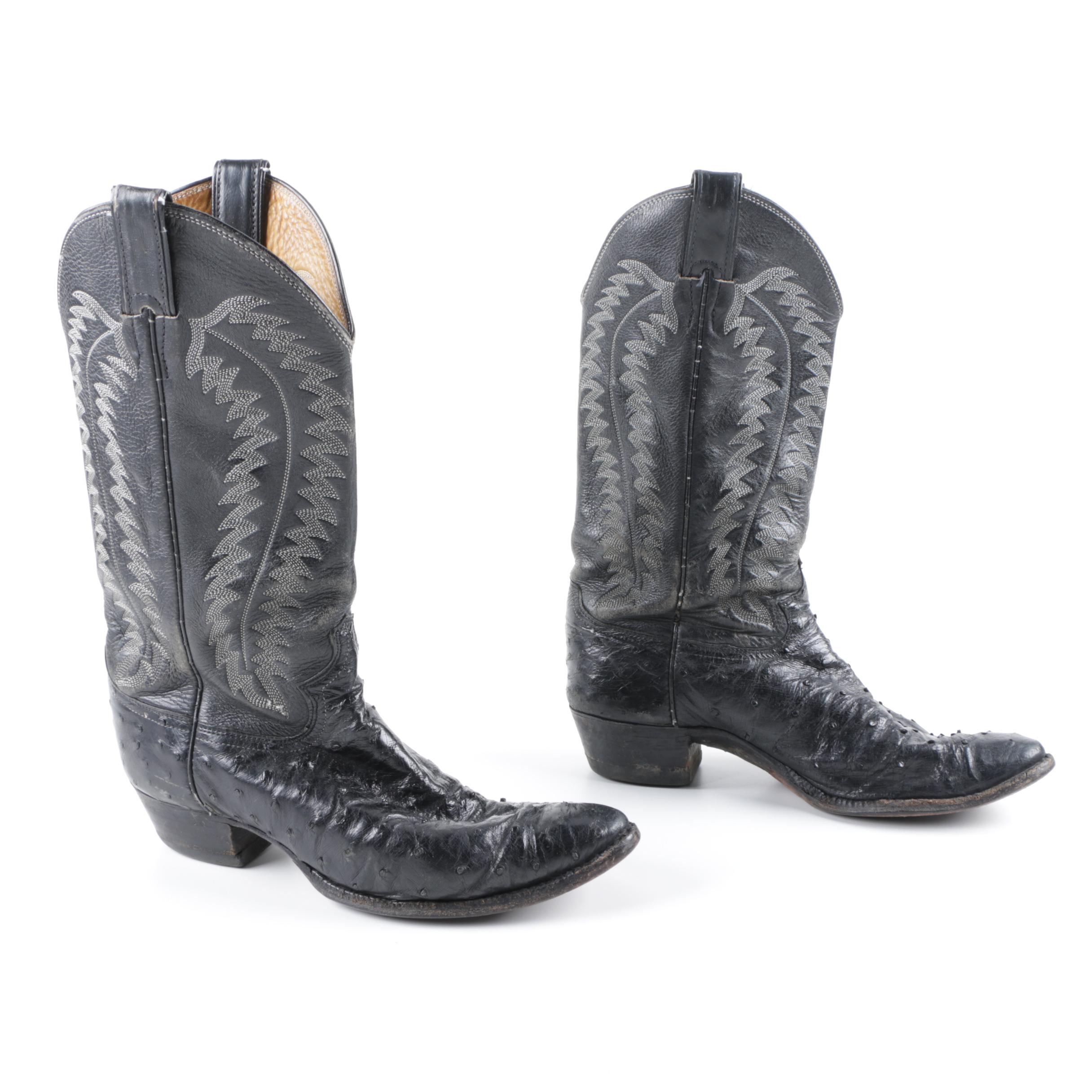 Justin Black Leather and Ostrich Skin Cowboy Boots