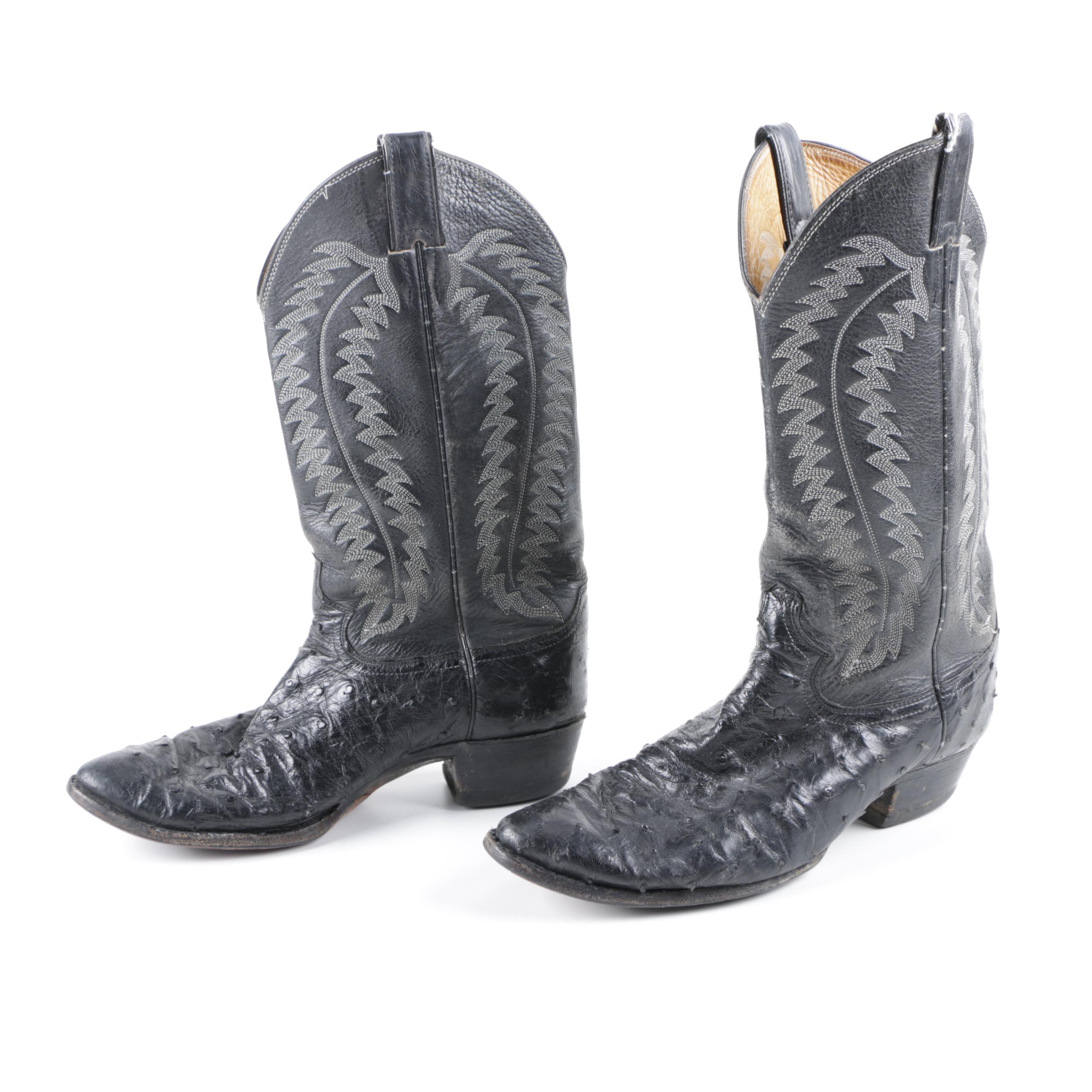 Justin Black Leather and Ostrich Skin Cowboy Boots