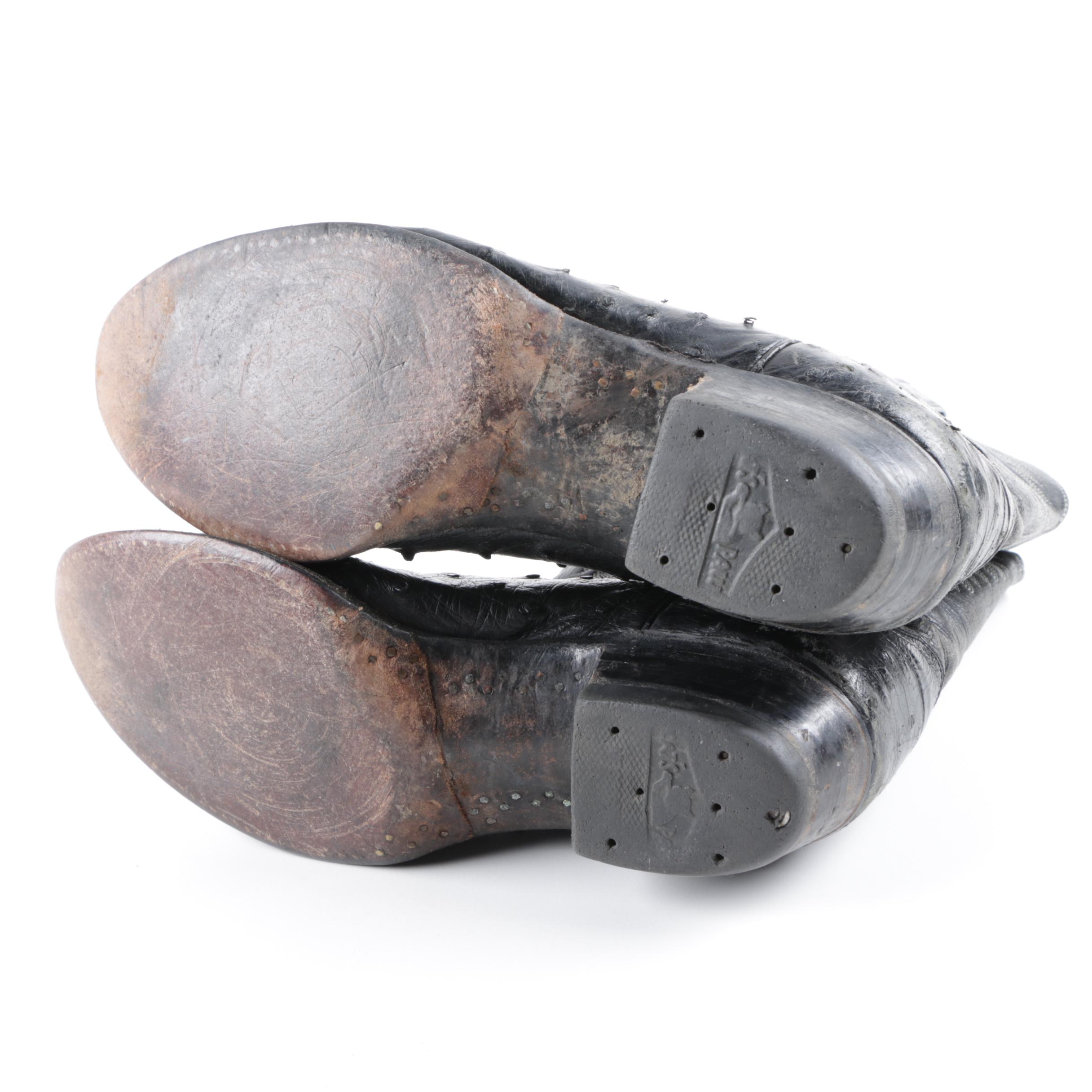 Justin Black Leather and Ostrich Skin Cowboy Boots