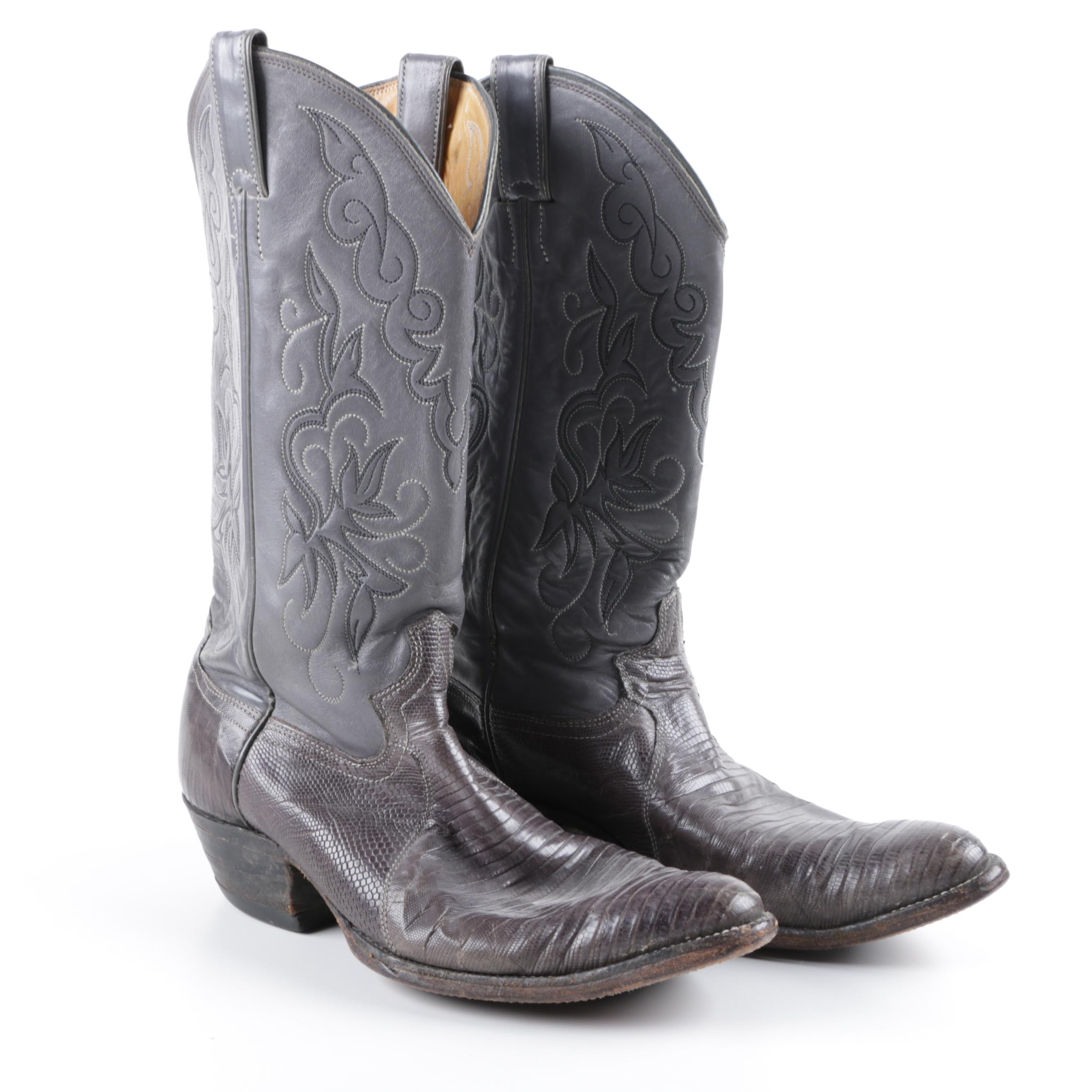 Justin Grey Leather Cowboy Boots with Lizard Skin Vamps