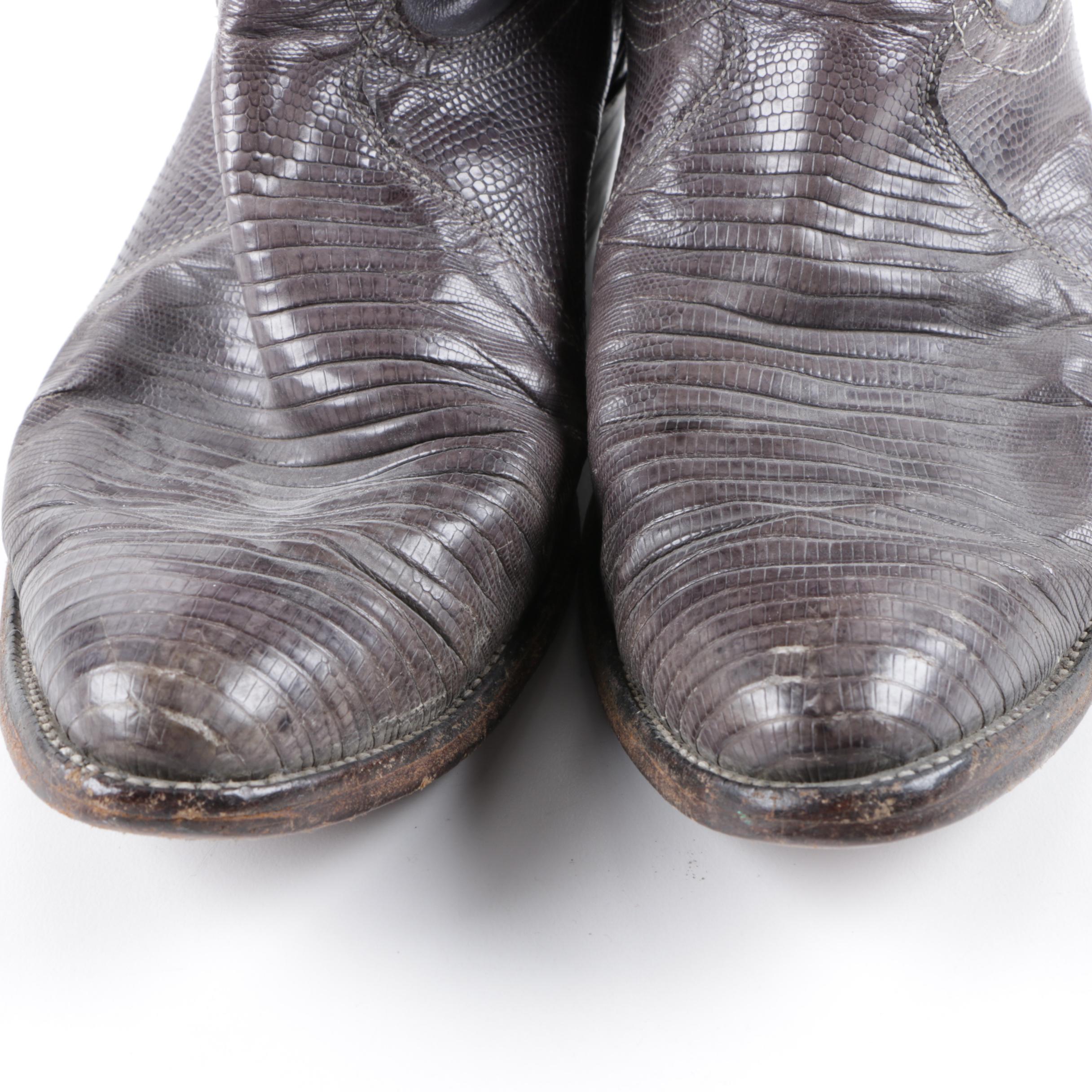Justin Grey Leather Cowboy Boots with Lizard Skin Vamps