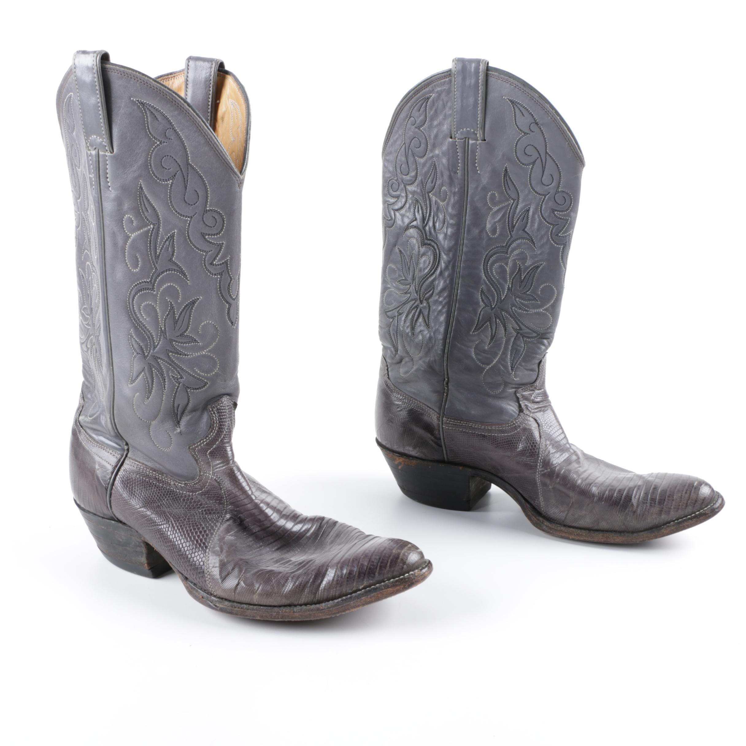 Justin Grey Leather Cowboy Boots with Lizard Skin Vamps