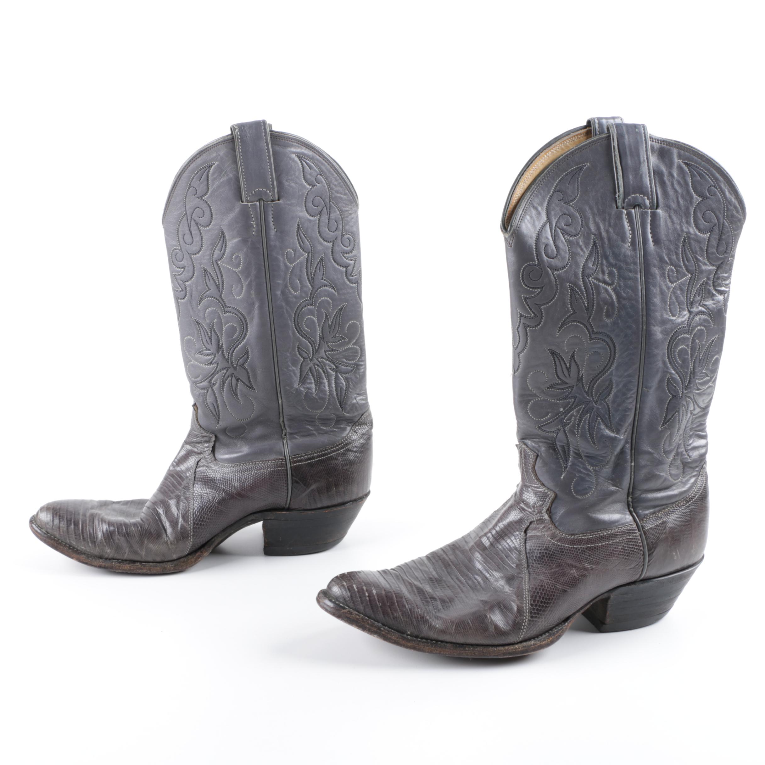 Justin Grey Leather Cowboy Boots with Lizard Skin Vamps