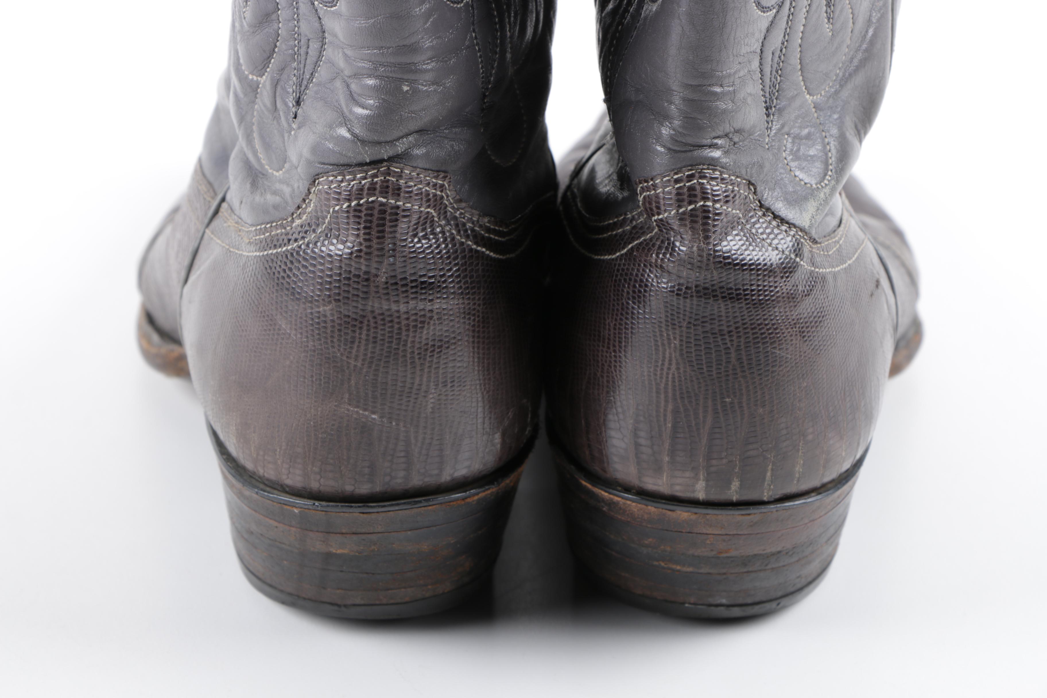Justin Grey Leather Cowboy Boots with Lizard Skin Vamps