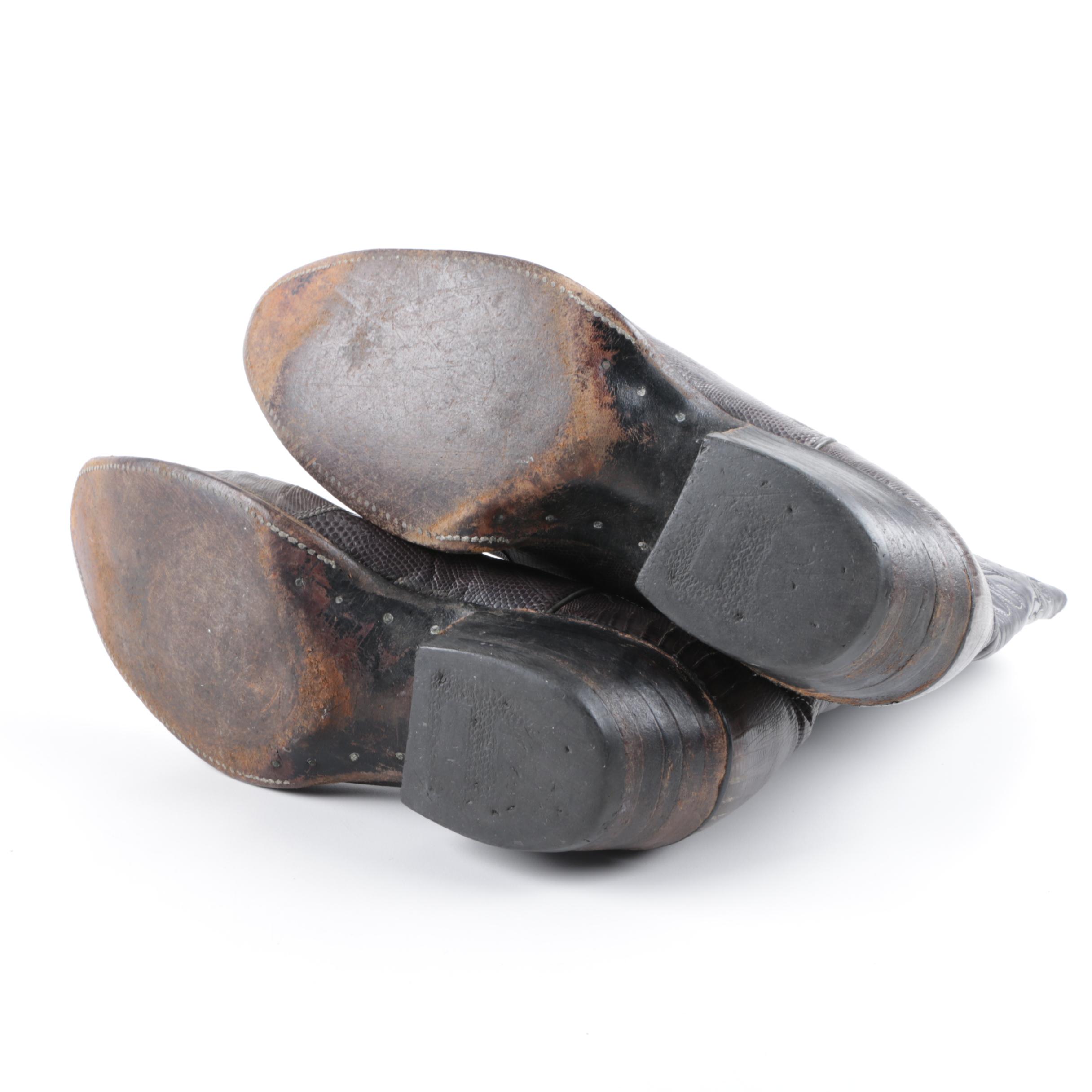 Justin Grey Leather Cowboy Boots with Lizard Skin Vamps