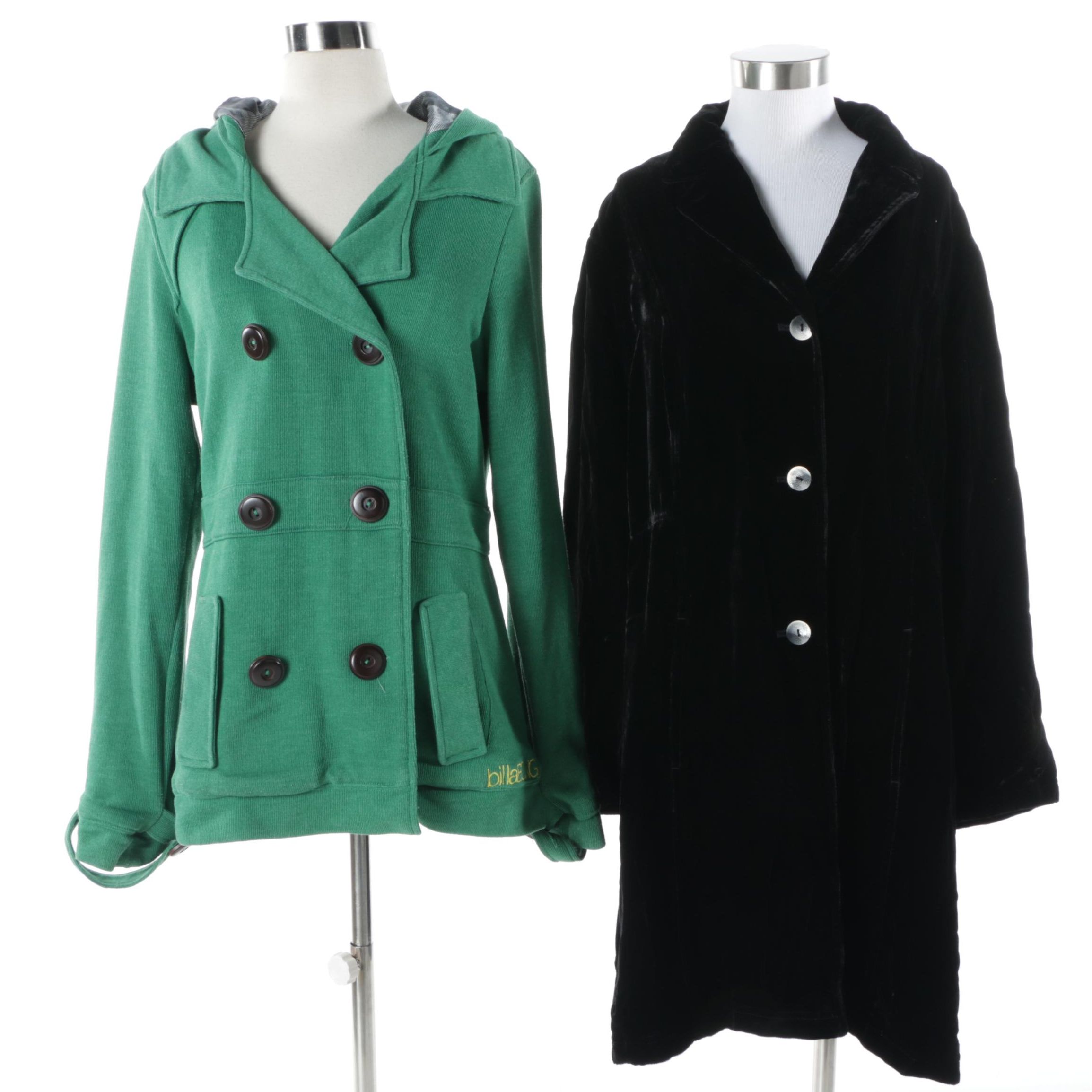 J. Jill Embroidered Velveteen Coat and Billabong Green Double-Breasted Jacket