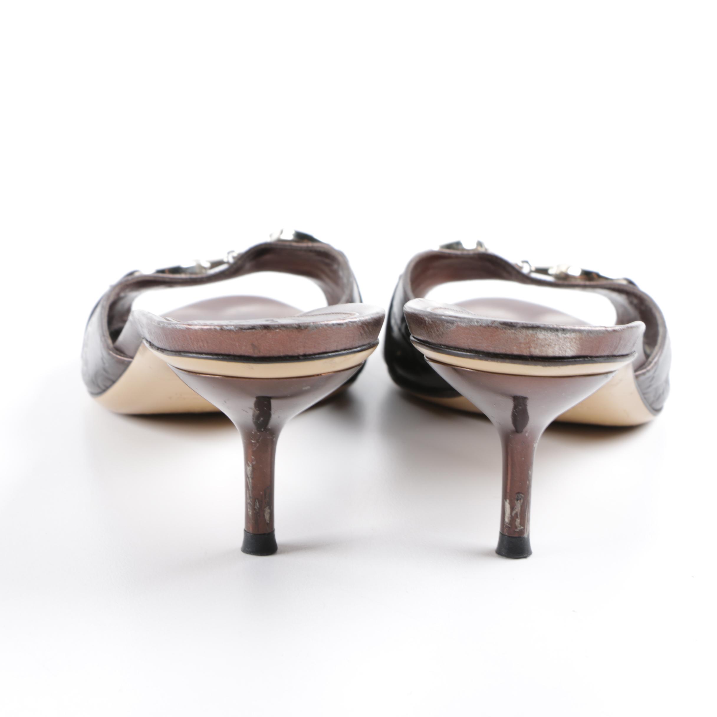 Gucci Horsebit Bronze Tone Leather Kitten Heel Slides