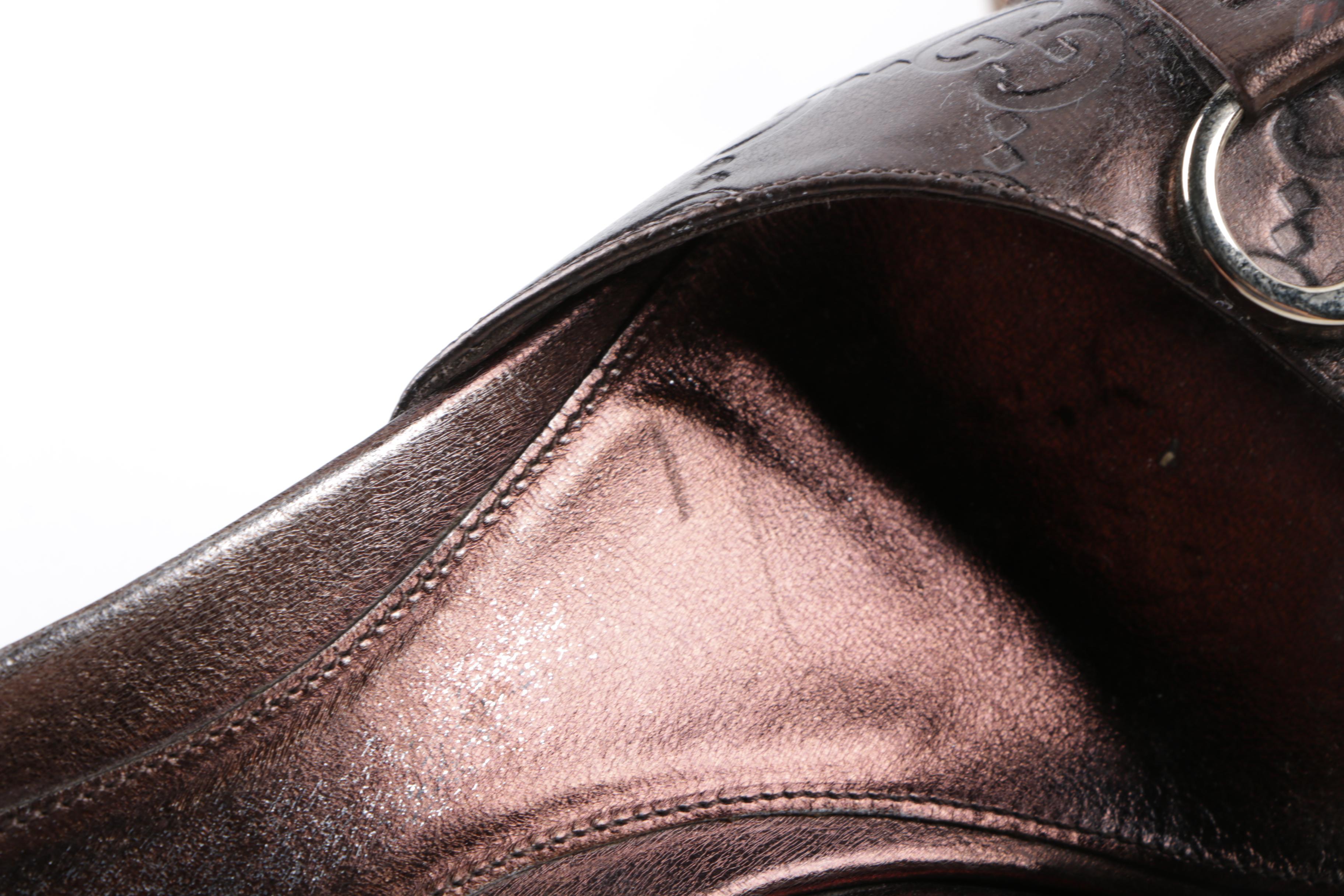 Gucci Horsebit Bronze Tone Leather Kitten Heel Slides