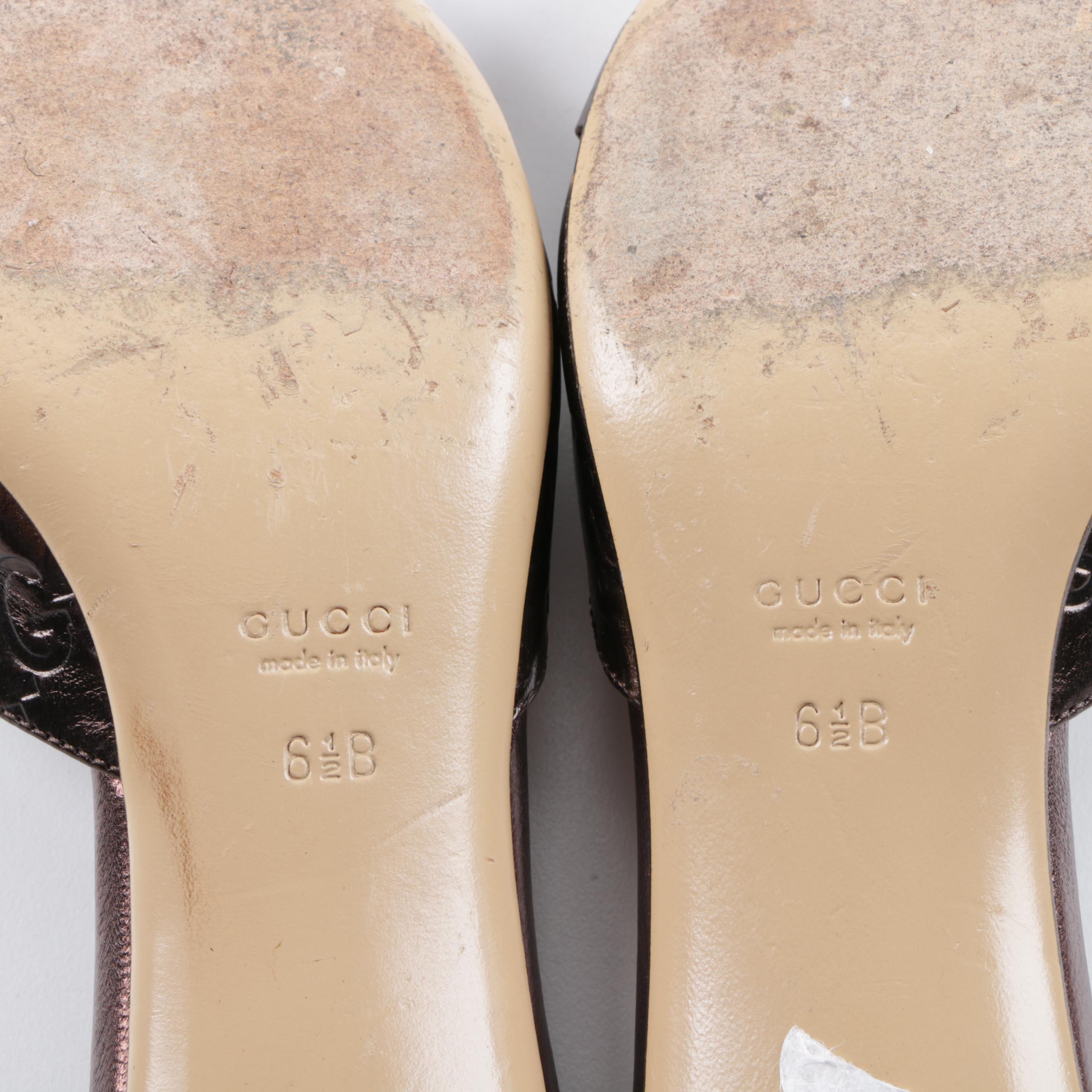 Gucci Horsebit Bronze Tone Leather Kitten Heel Slides