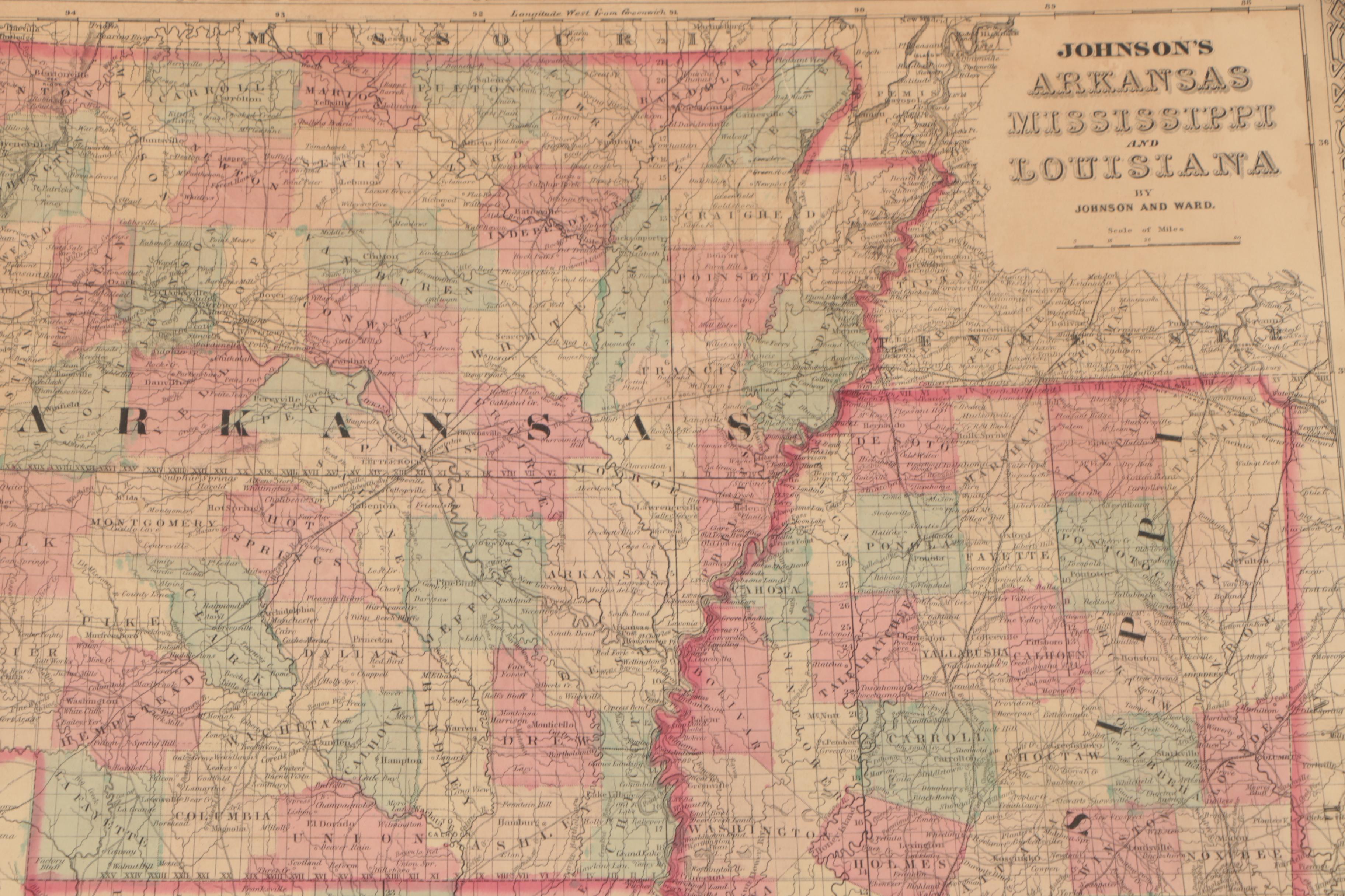 Johnson and Ward 1860s Map "Johnson's Arkansas, Mississippi and Louisiana"