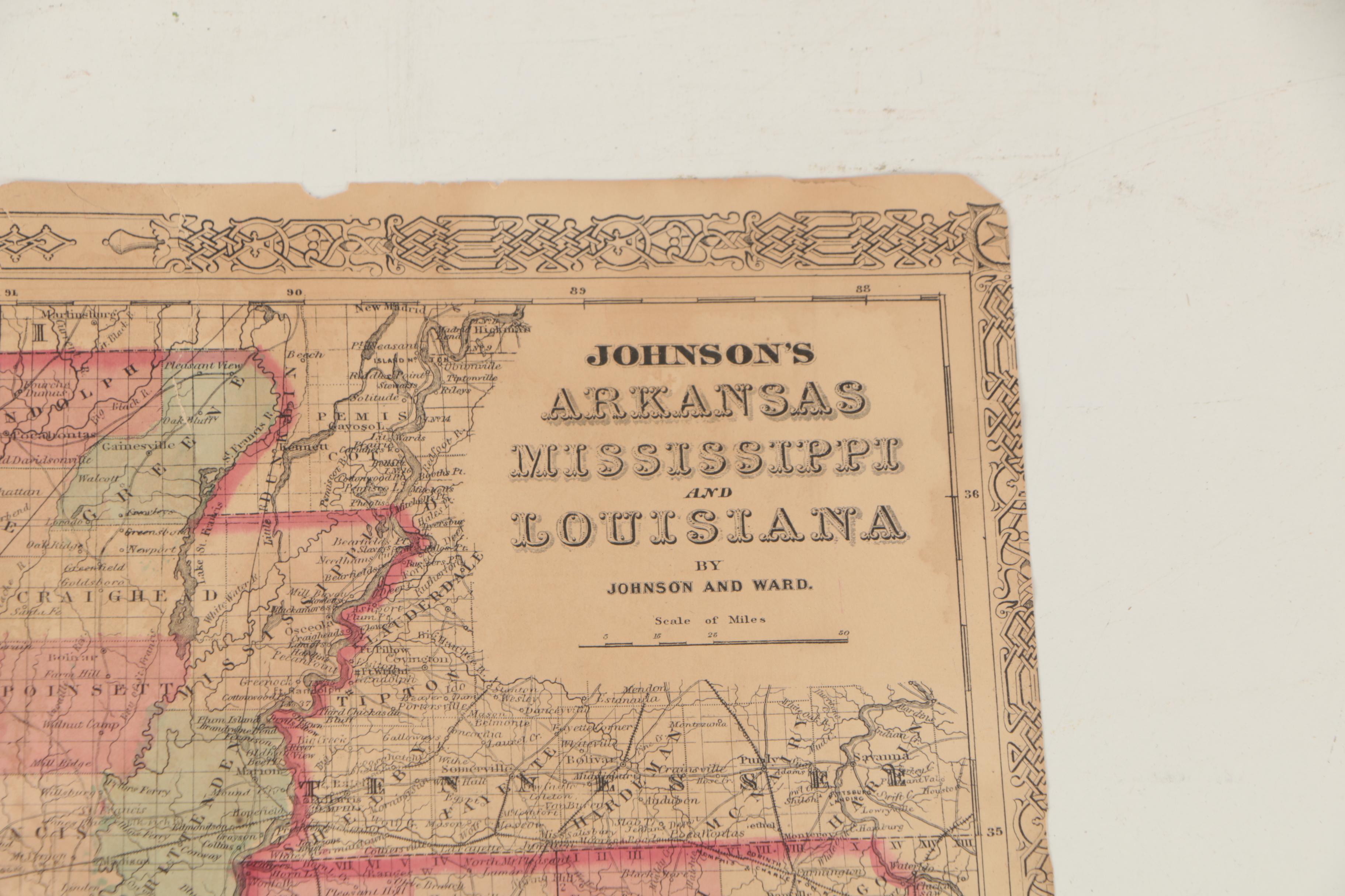 Johnson and Ward 1860s Map "Johnson's Arkansas, Mississippi and Louisiana"