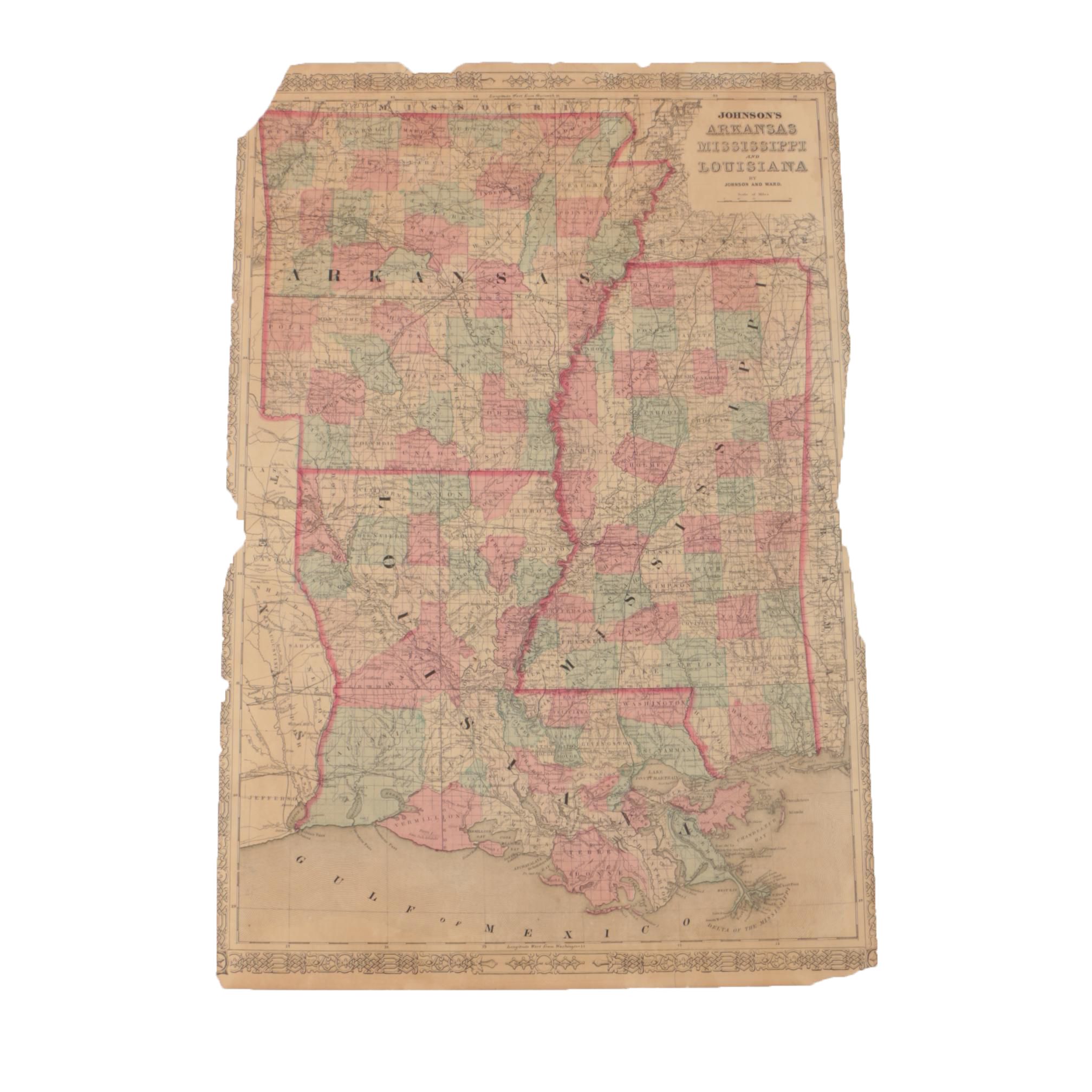 Johnson and Ward 1860s Map "Johnson's Arkansas, Mississippi and Louisiana"
