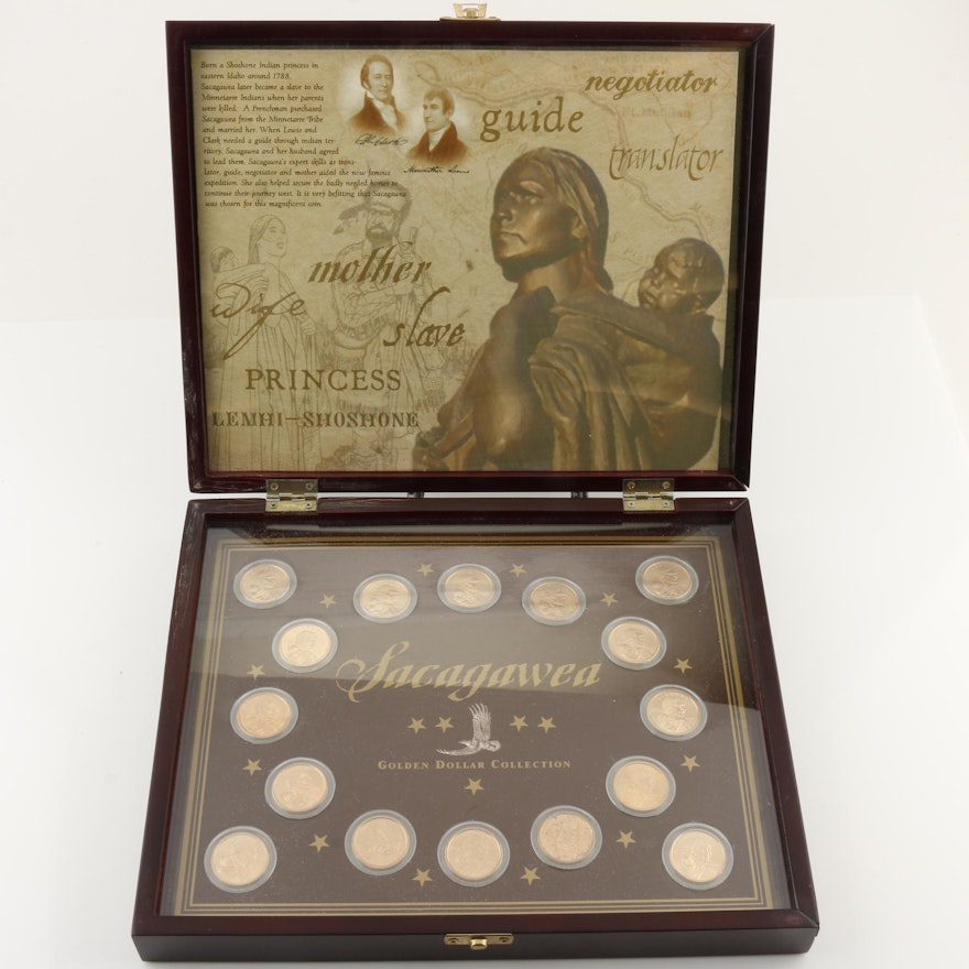 Group of Sixteen Sacagawea Dollars in a Display Case