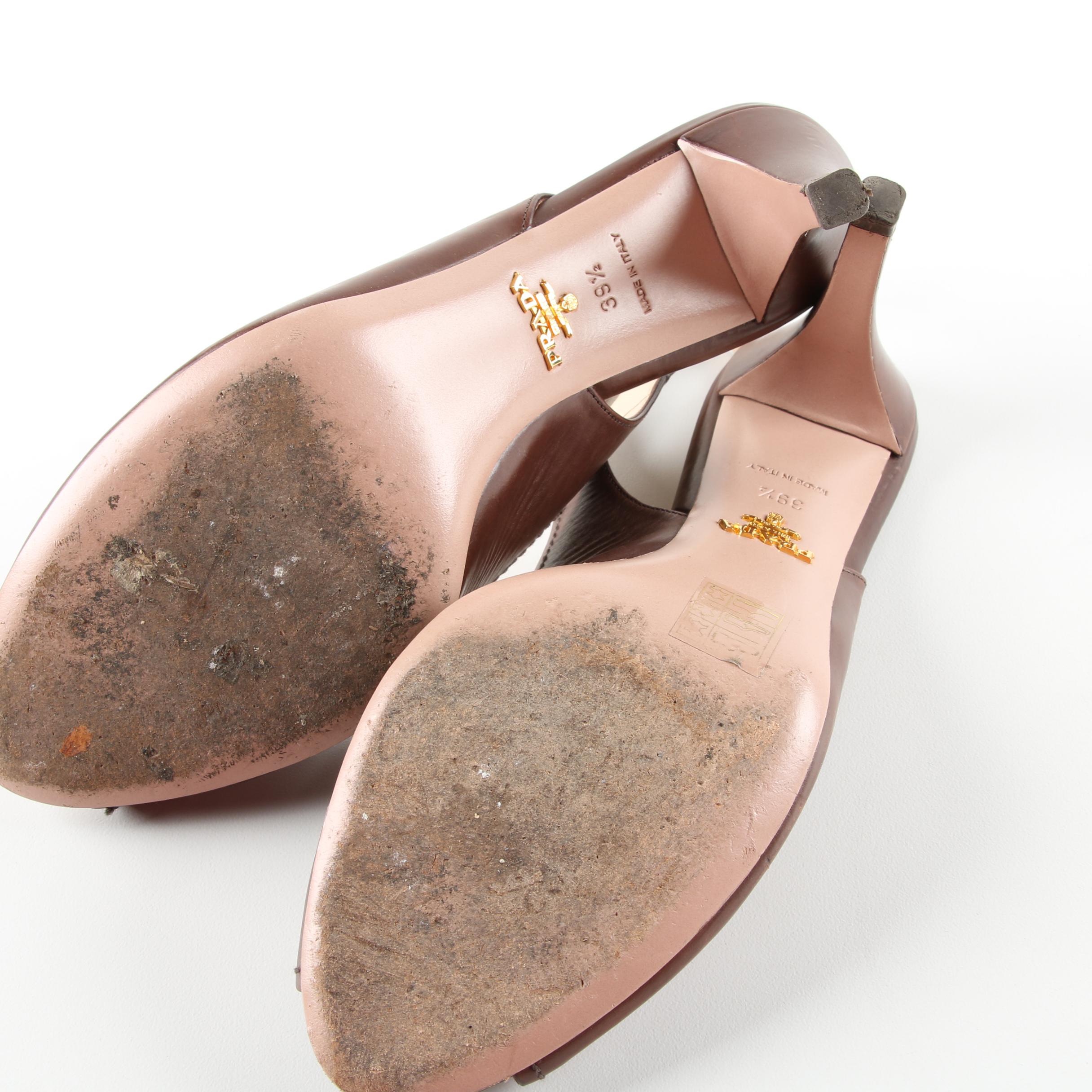 Prada Brown Leather Peep-Toe Slingbacks