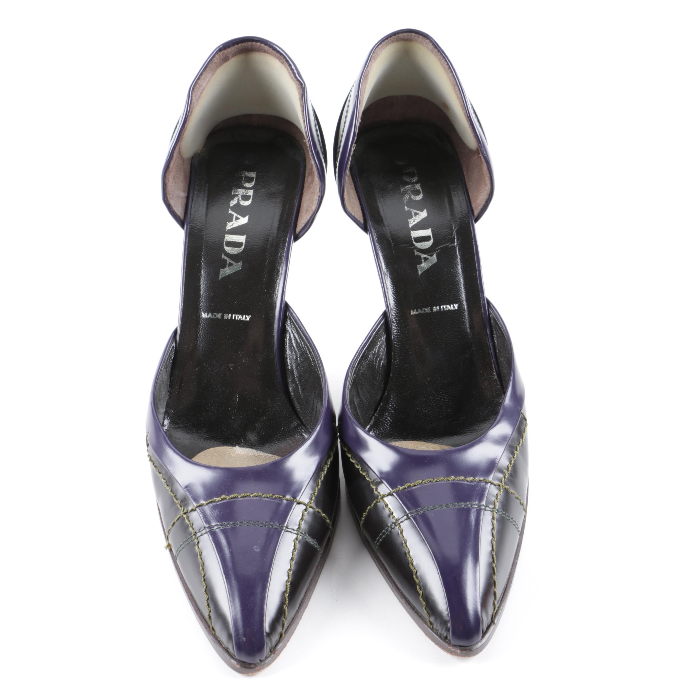 Prada Purple and Black Leather D'orsay Pumps, Made in Italy