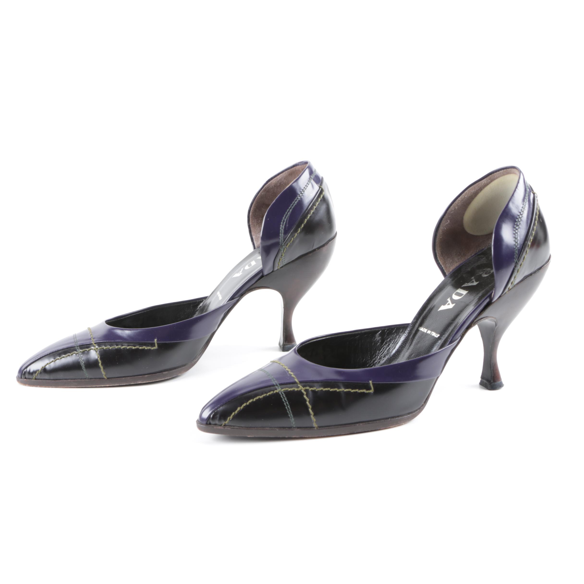 Prada Purple and Black Leather D'orsay Pumps, Made in Italy