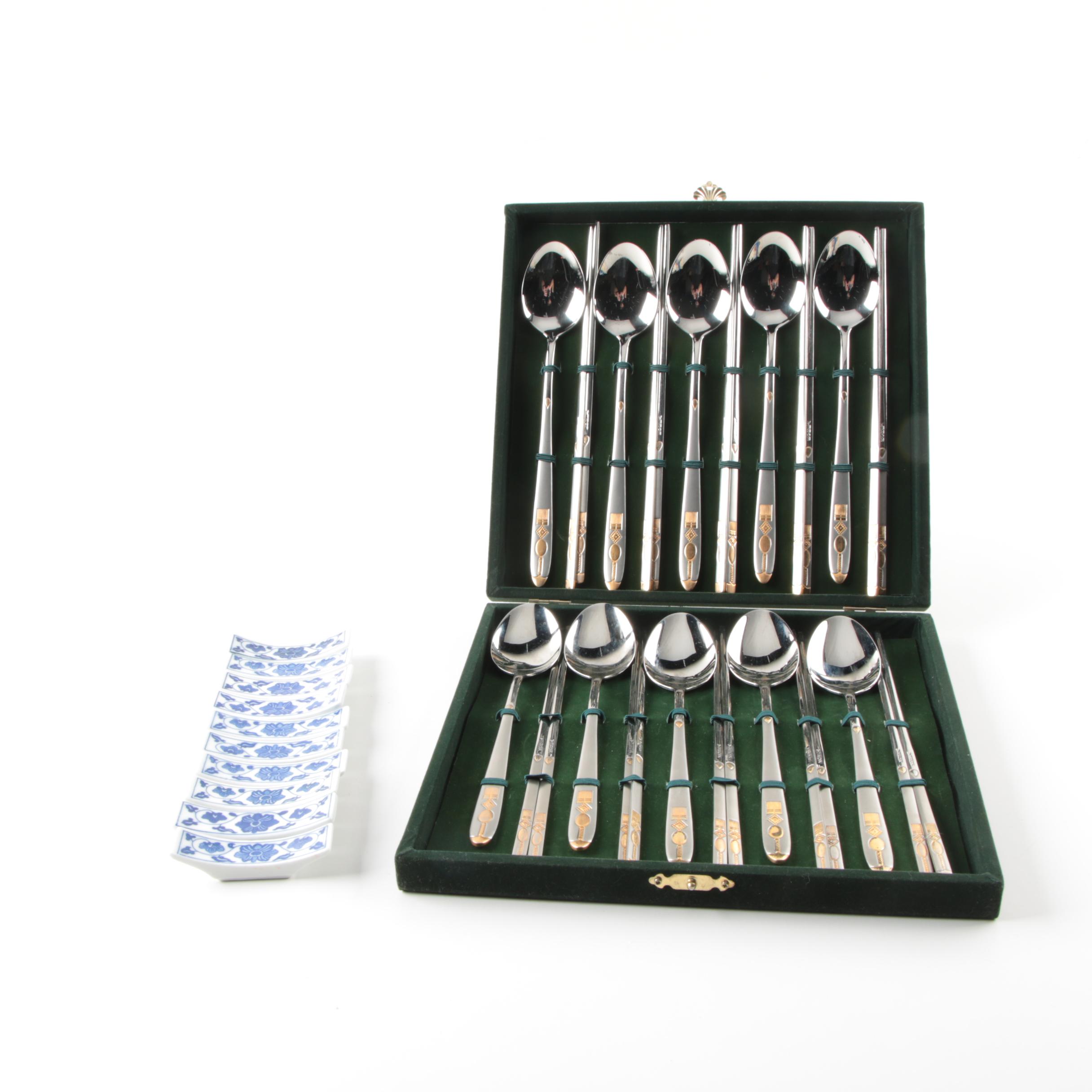 Korean Chopsticks and Spoons Set with Porcelain Rests