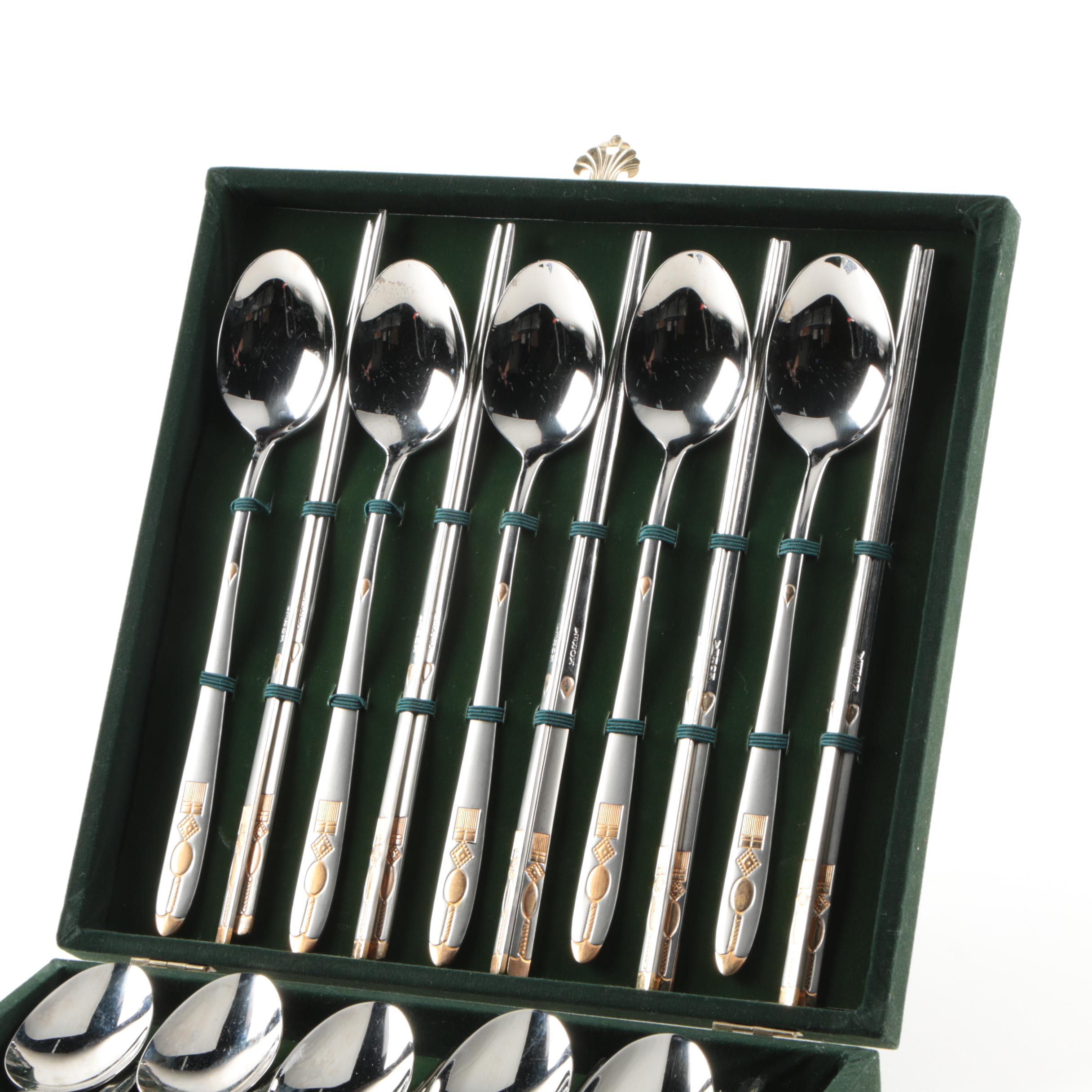 Korean Chopsticks and Spoons Set with Porcelain Rests