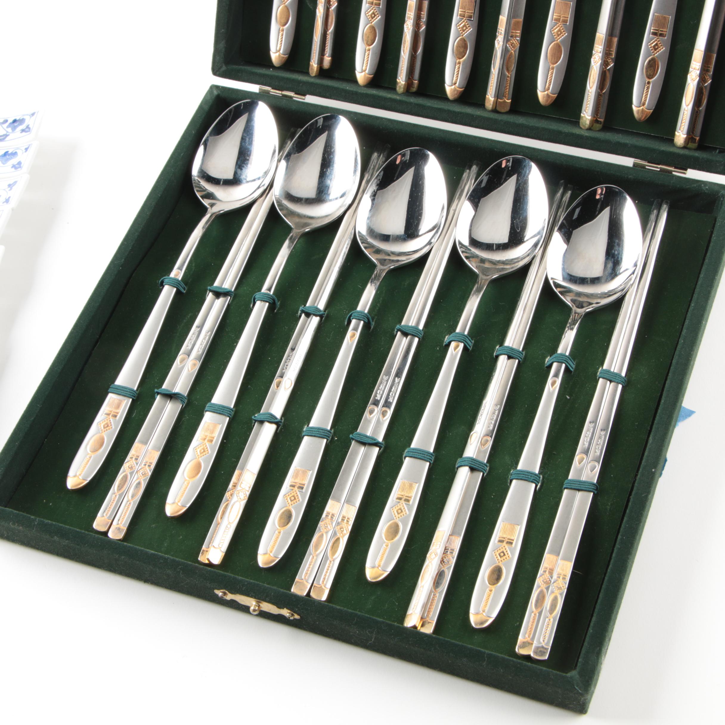 Korean Chopsticks and Spoons Set with Porcelain Rests