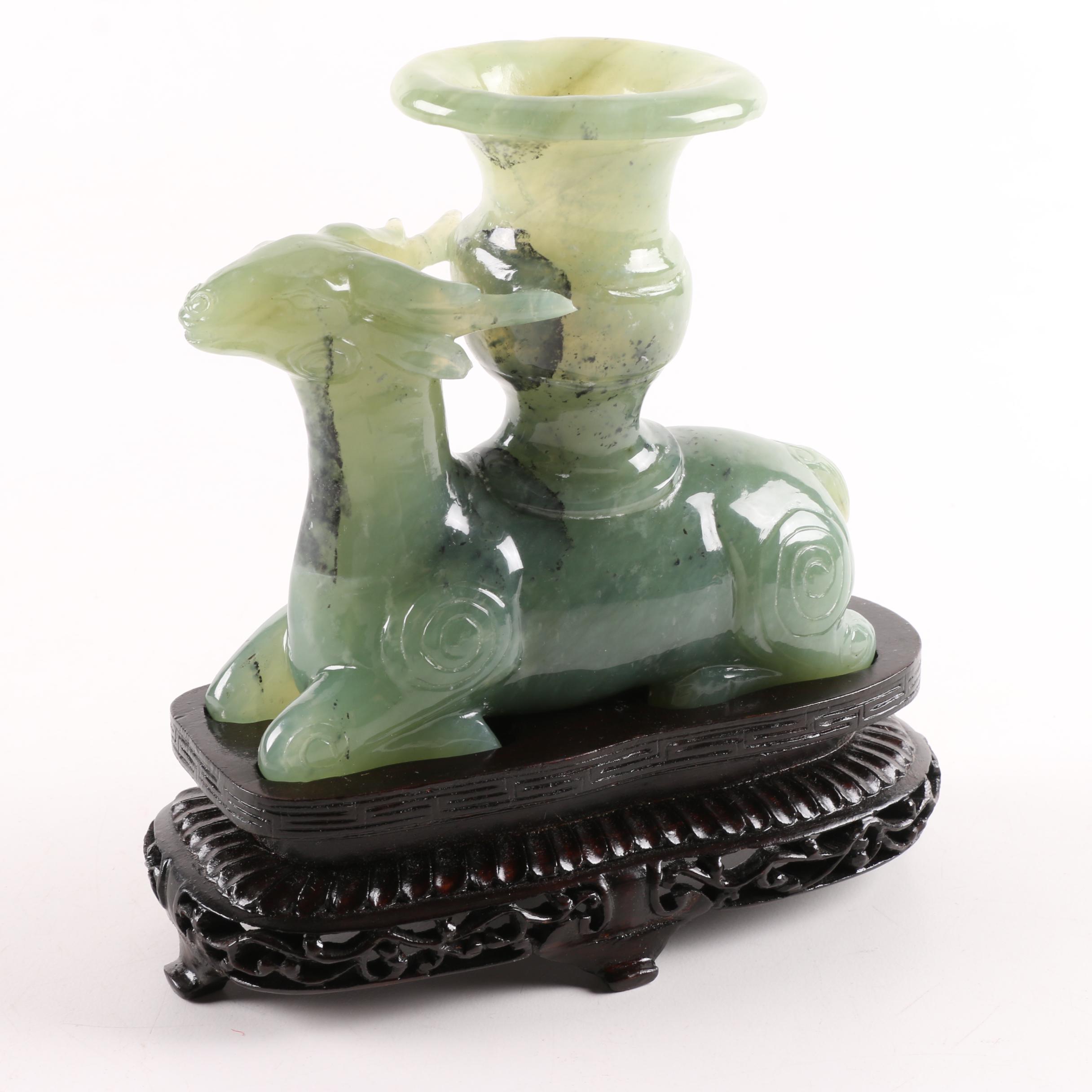 Chinese Serpentine Candle Holder with Wood Stand